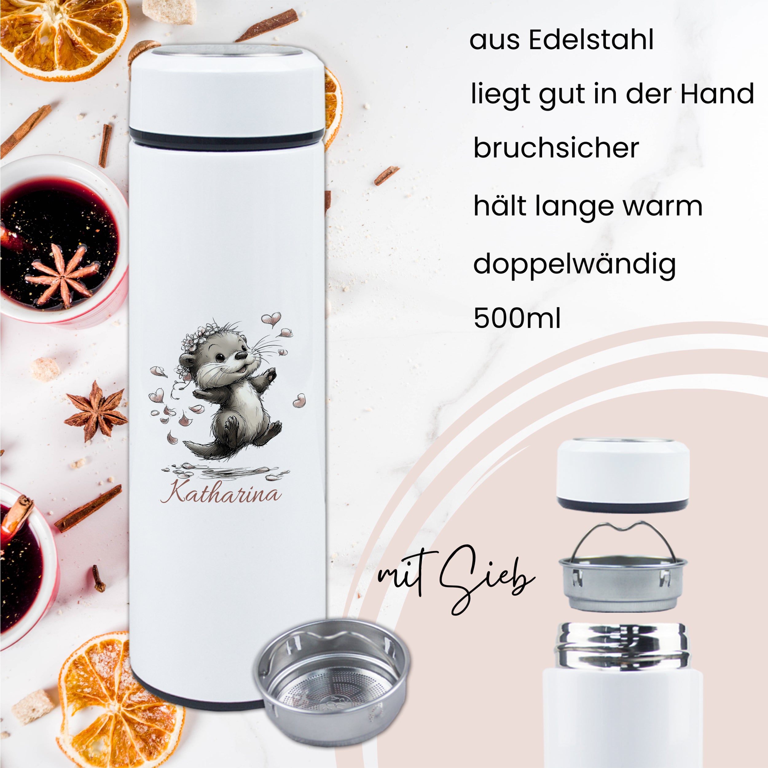 Edelstahl-Thermosflasche, weiß, 500ml, doppelwandig, bruchsicher.