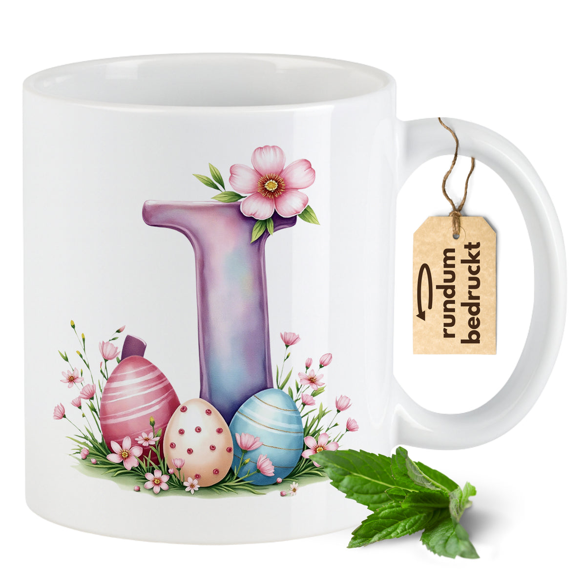 Tasse mit buntem Buchstaben und Ostereiern, florales Design.