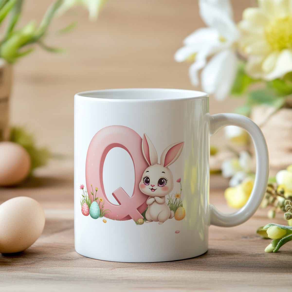 Tasse mit rosa Buchstabe Q und niedlichem Hasen.