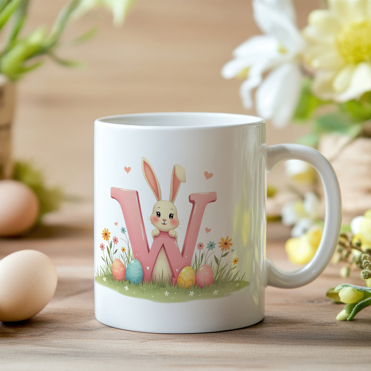 Tasse mit buntem Osterhasen und bunten Eiern.