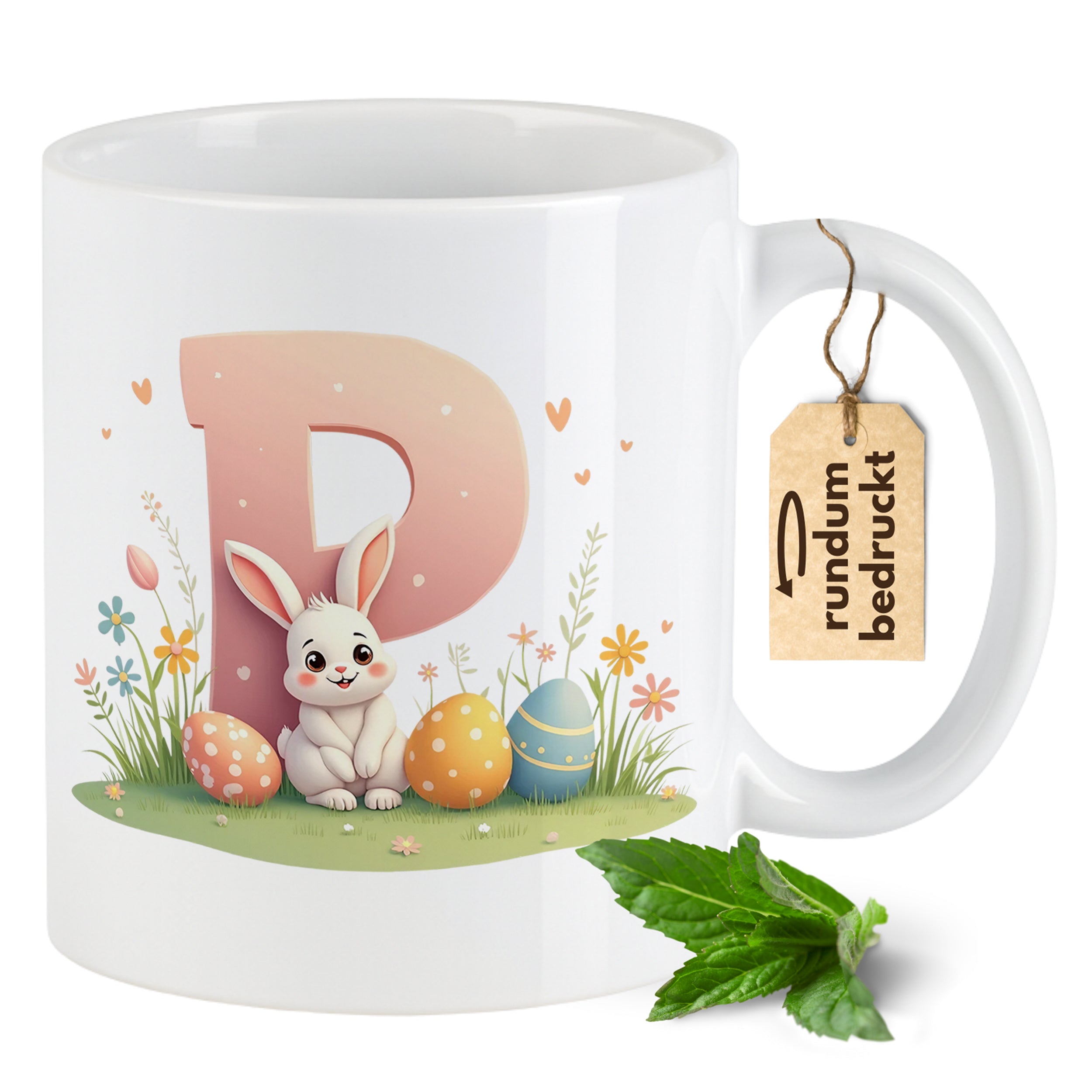 Kaffeetasse mit buntem Hasen und Ostereiern, Pastellfarben.