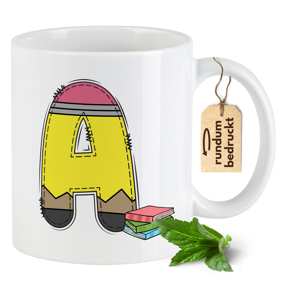 Bunte Tasse mit Buchstaben A und Bücher-Design.