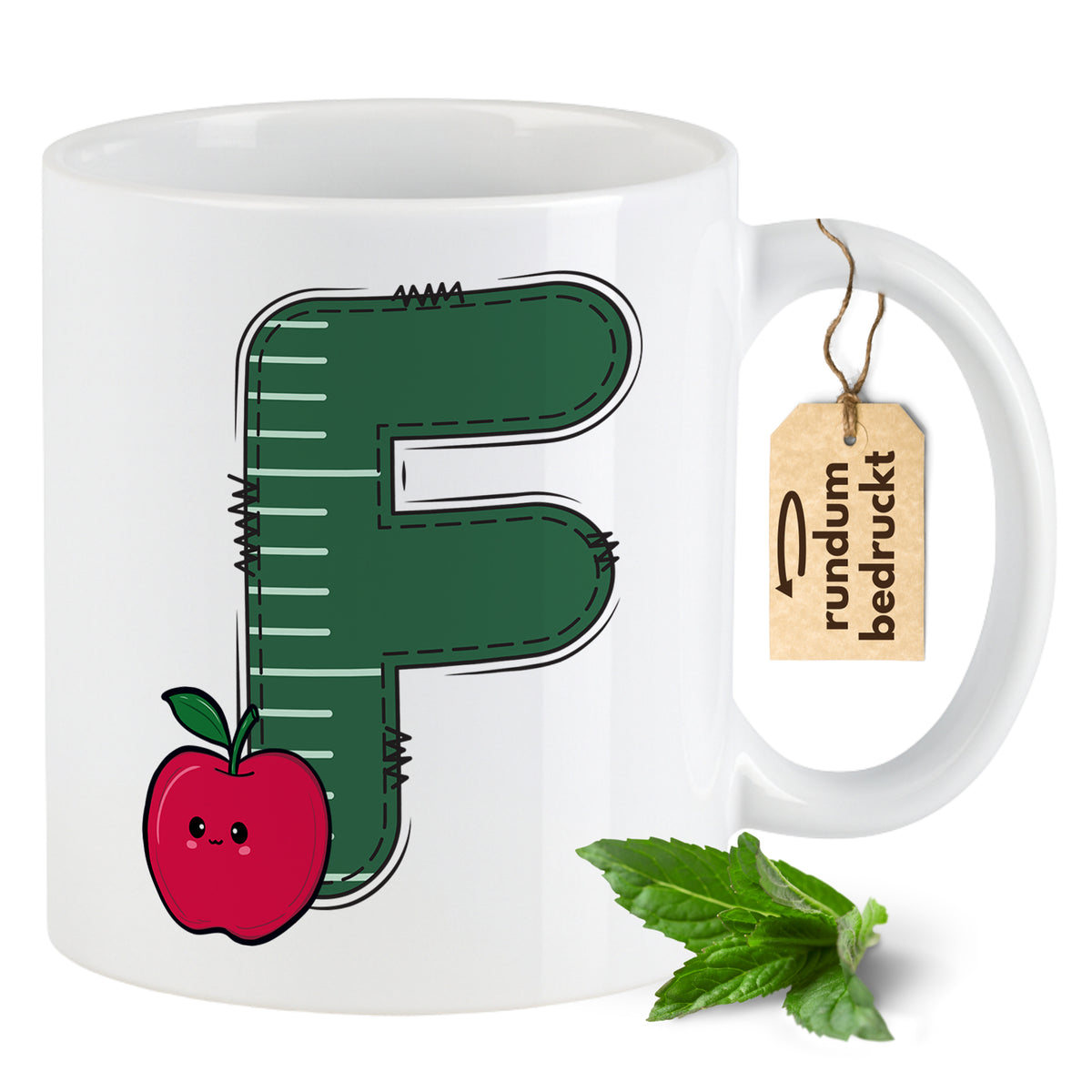 Weißer Becher mit grüner Buchstaben-F und rotem Apfel.