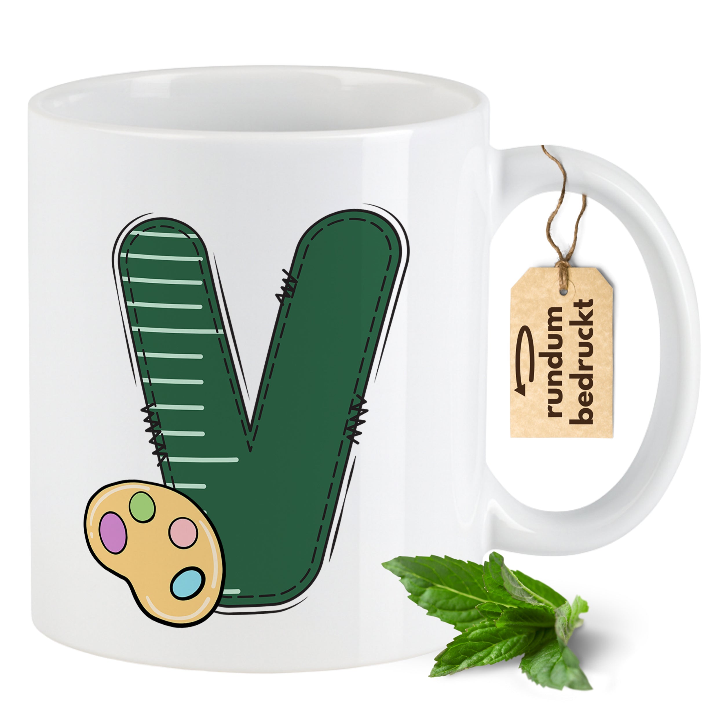 Weiße Tasse mit grünem "V" und Farbpalette.