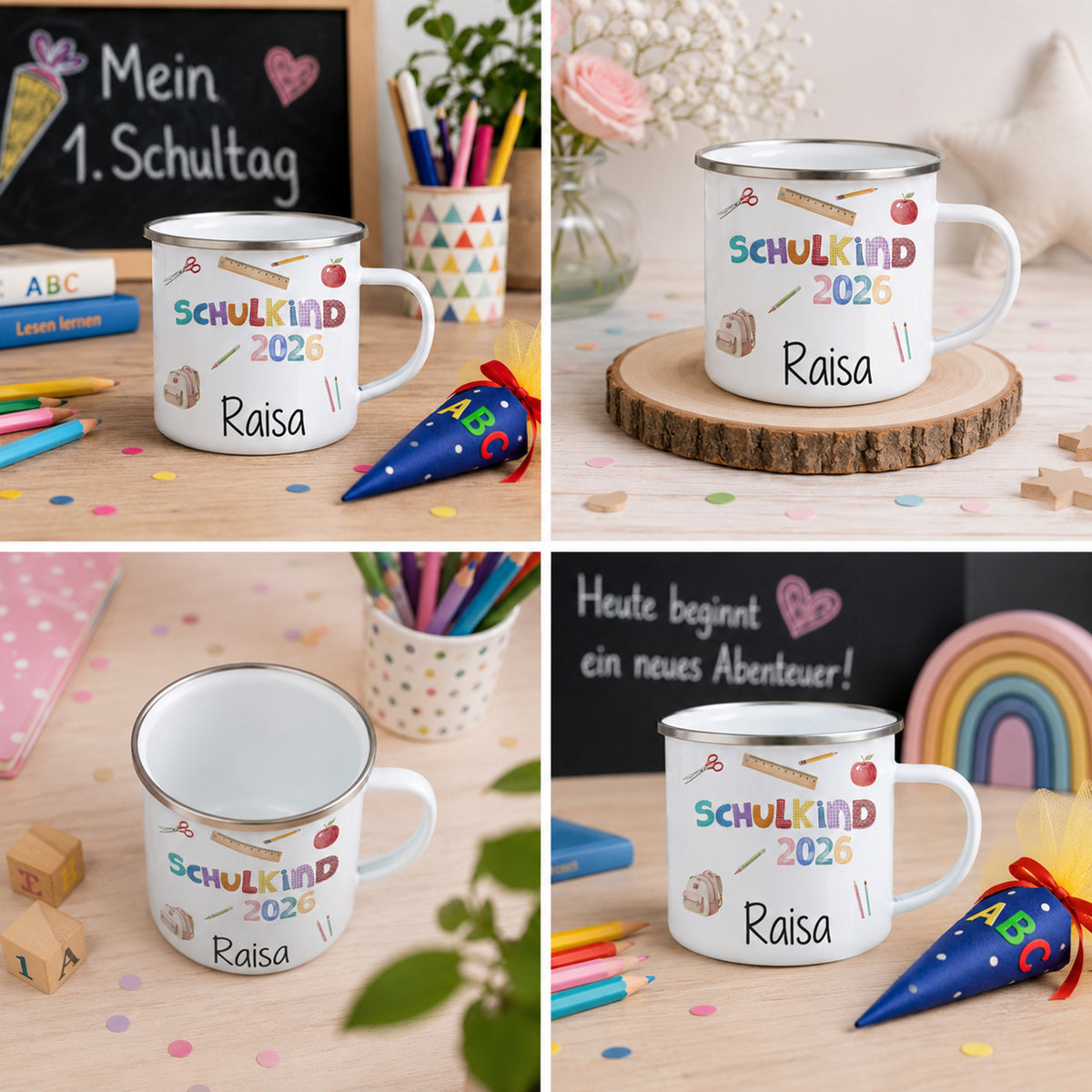 Tasse mit Aufschrift "SCHULKIND 2026", bunt gestaltet, personalisiert.