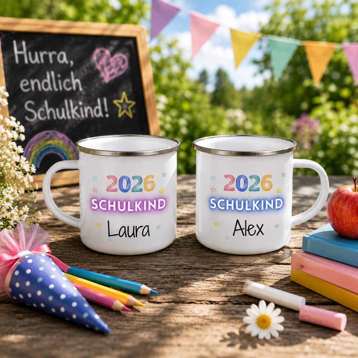 Personalisierte Tassen für Schulkind 2026 in Weiß.
