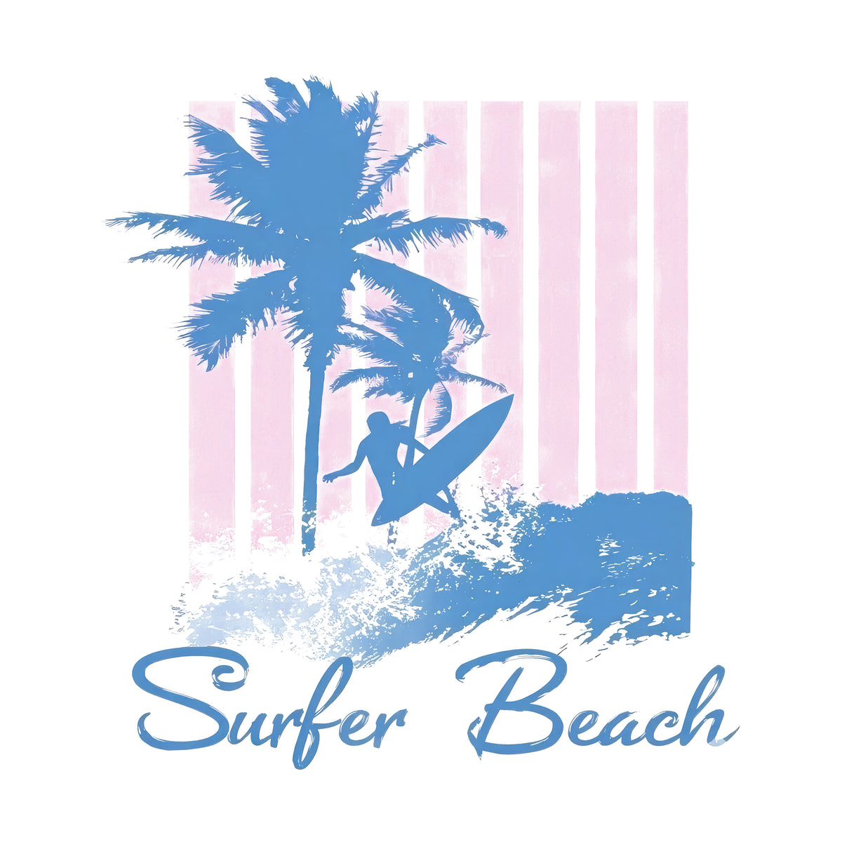 Surfer mit Surfbrett, blaue Farben, Palmen, Strandmotiv.