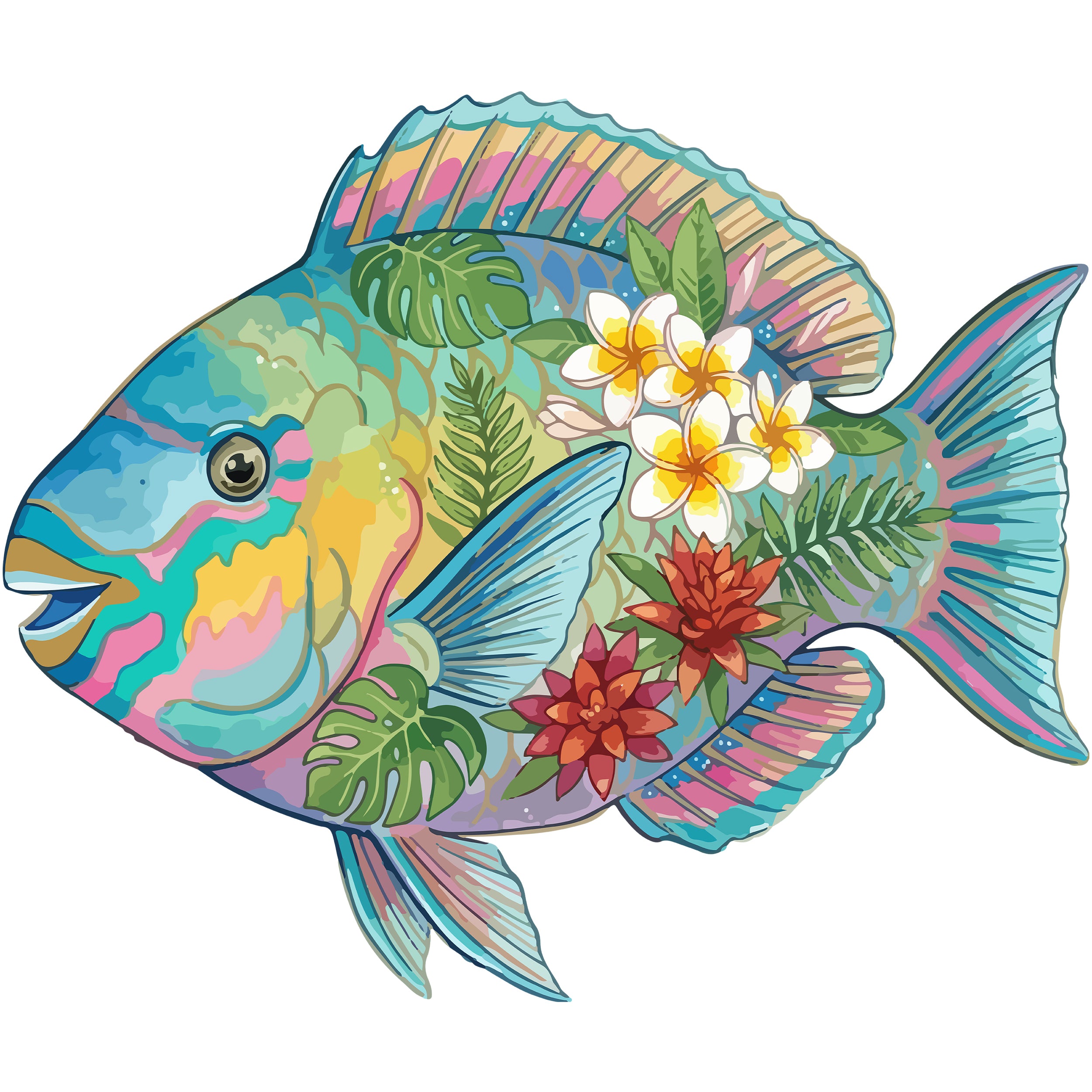 Bunter Fisch mit Blumen- und Blattmuster.
