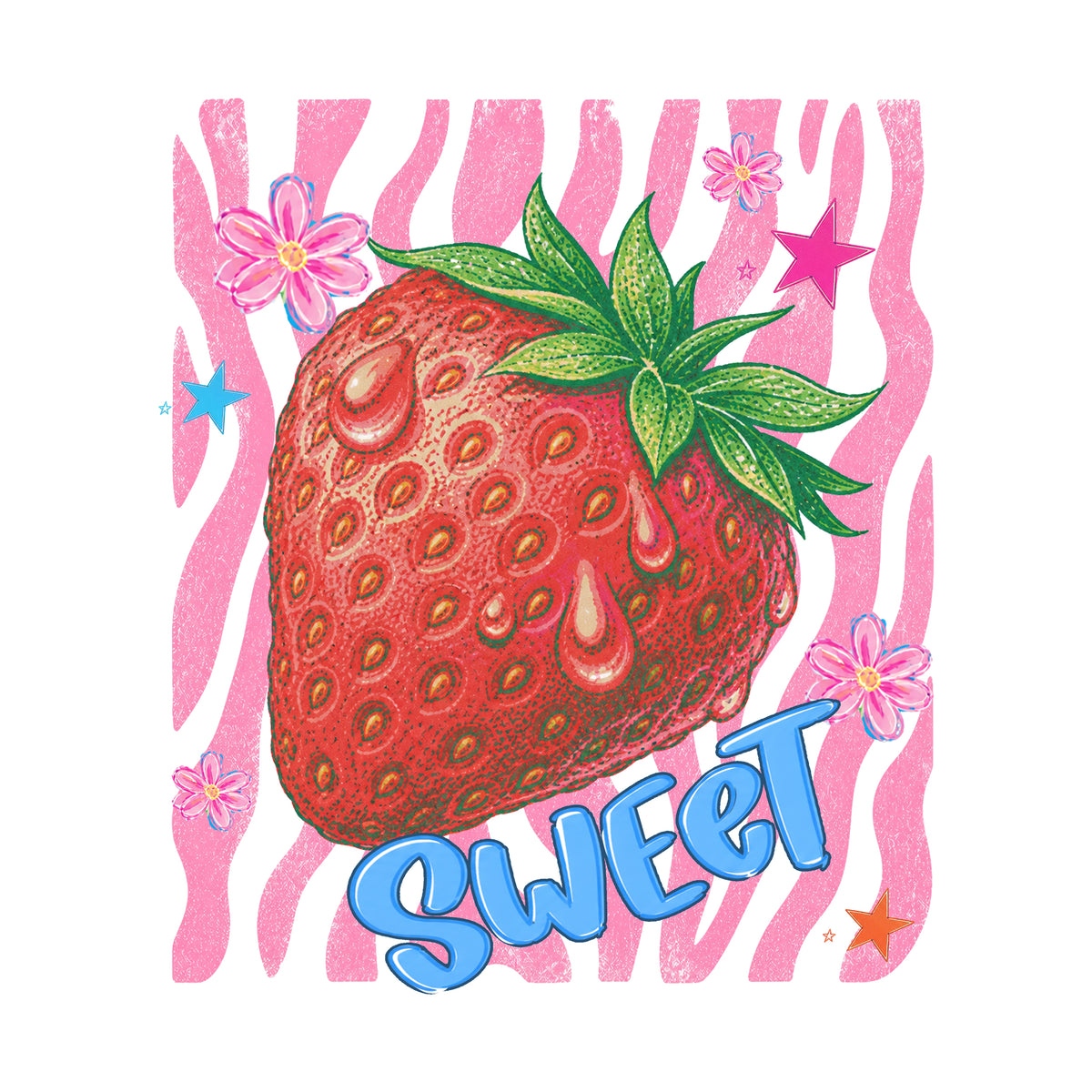 Erdbeere mit Wassertropfen, pinke Hintergrundmuster, Schriftzug "SWEET".