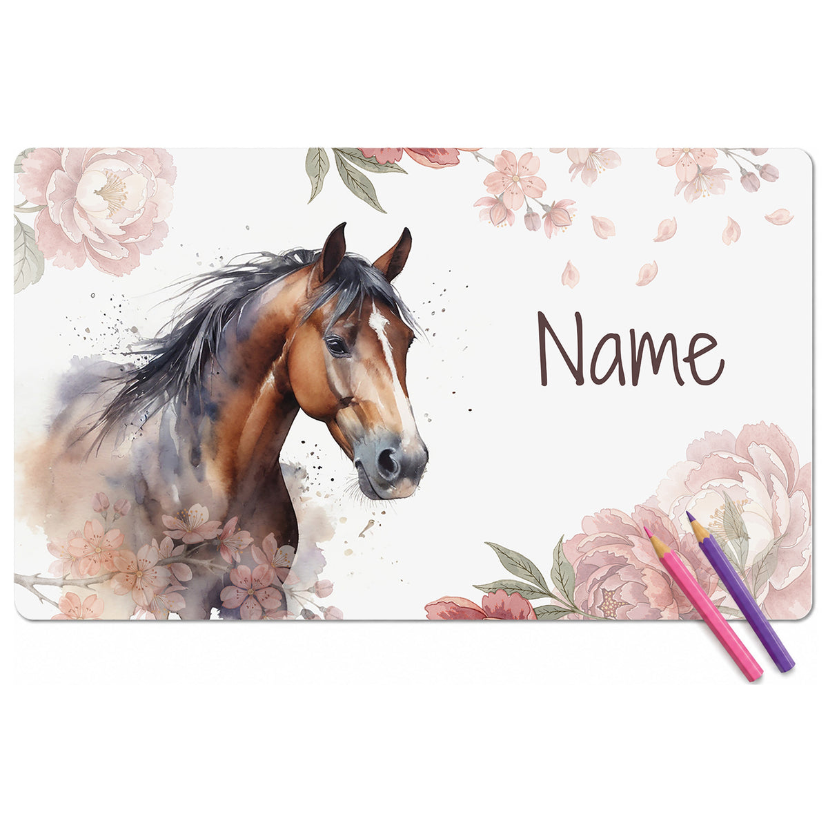 Pferde-Motiv mit Blumen, personalisierbar, sanfte Farben.