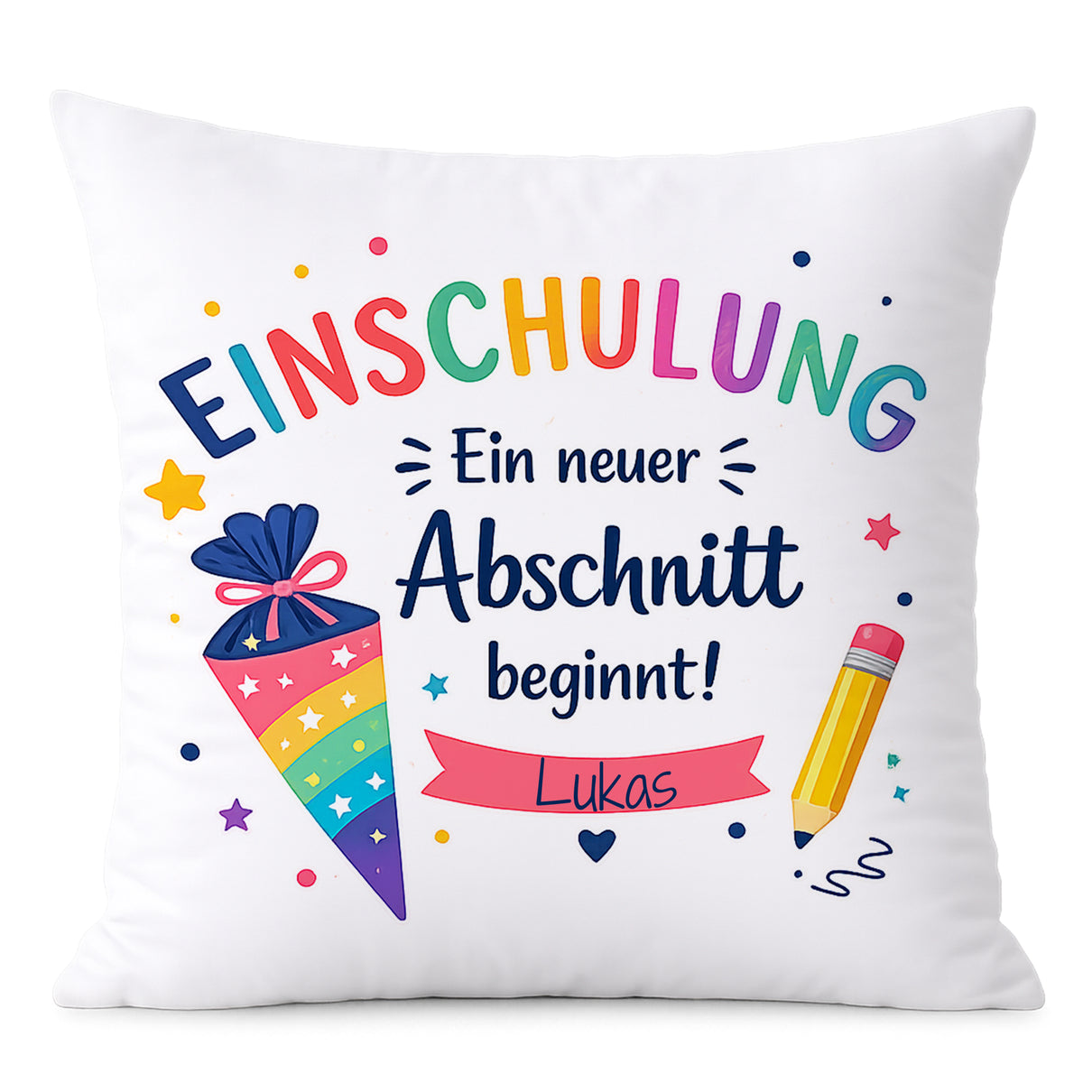 Kissen mit buntem Einschulungsdesign und Namen Lukas.