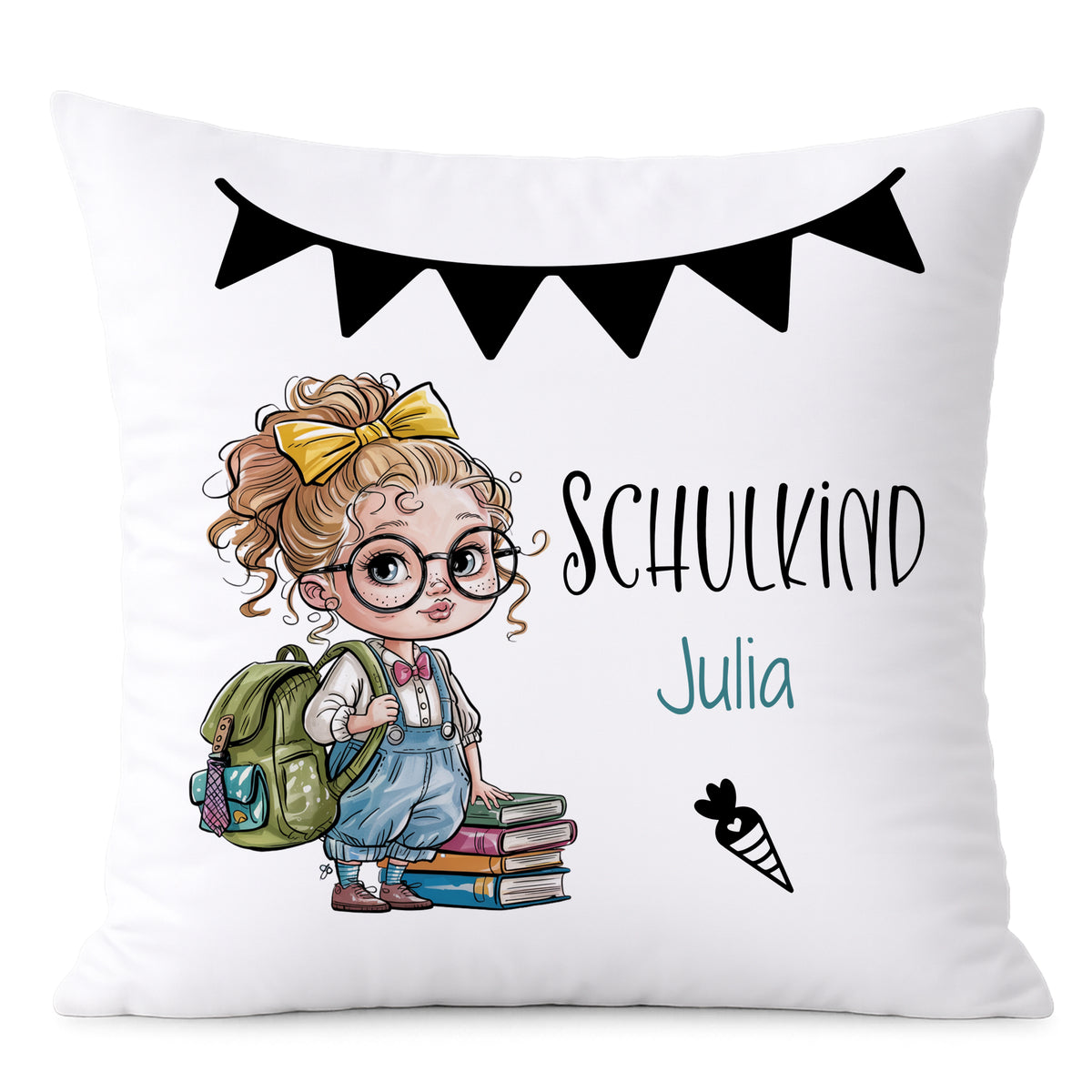 Kissen mit Schulkind-Motiv, braunhaariges Mädchen, Bücher, Rucksack.
