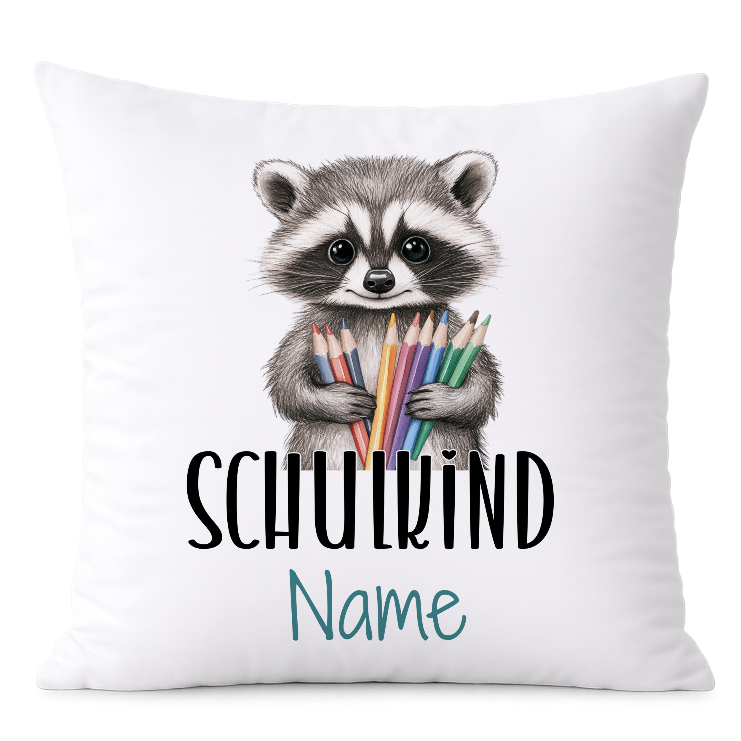 Kissen mit Waschbär und bunten Buntstiften, personalisierbar.