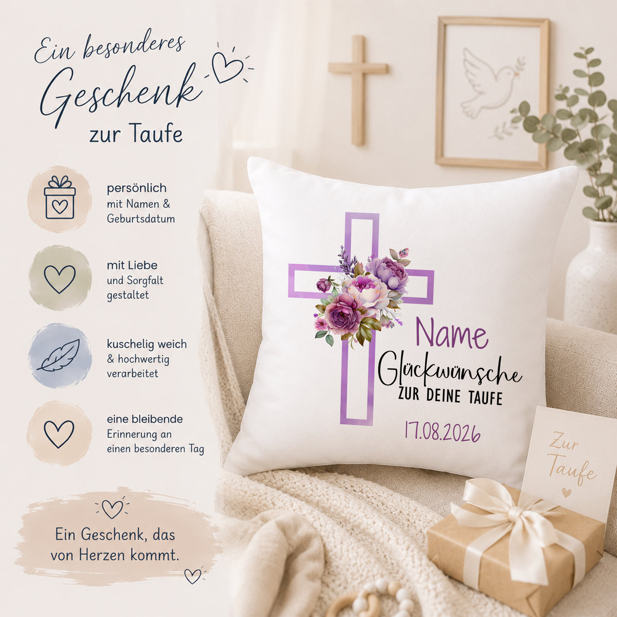 Kissen mit lila Kreuz und Blumen für Taufe.