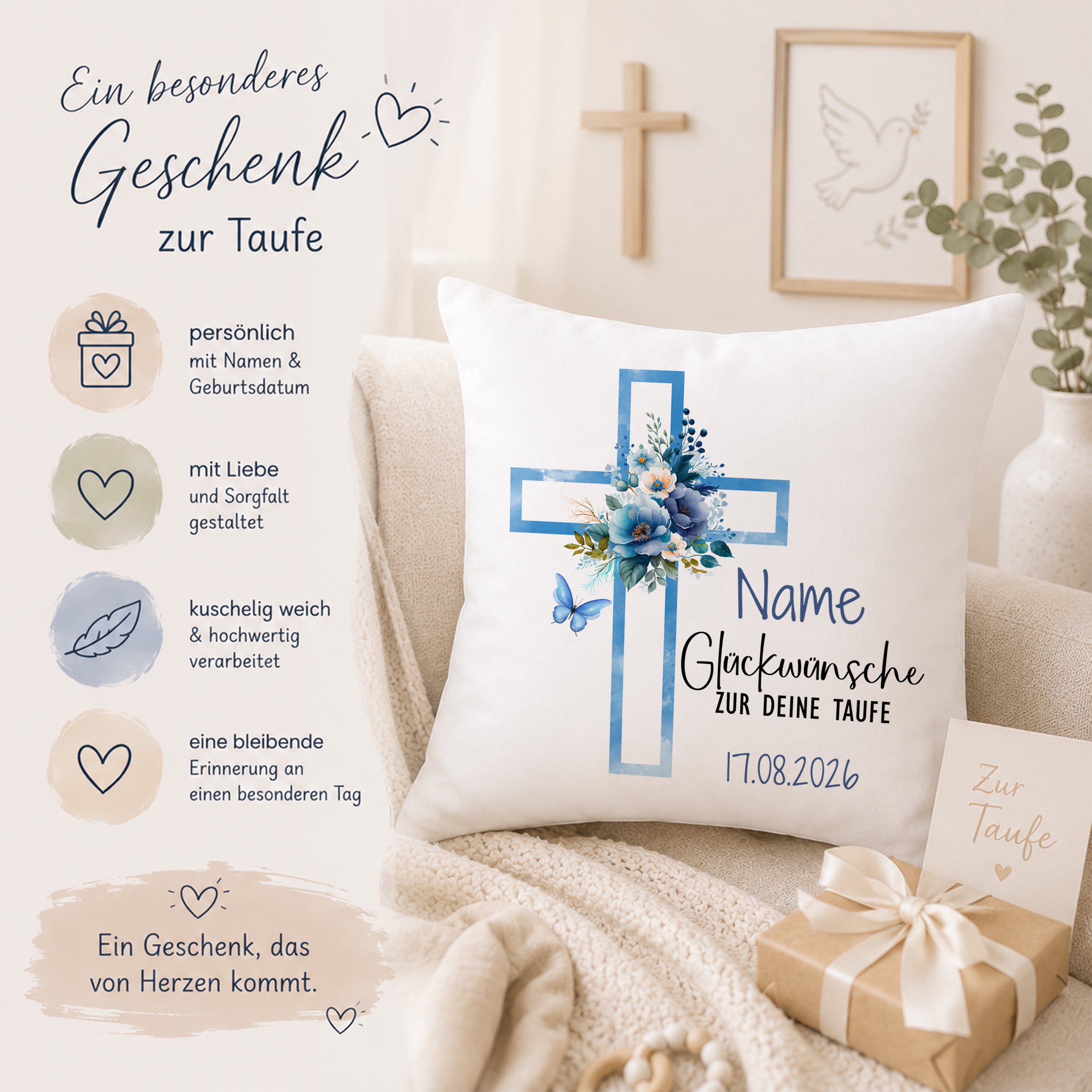 Kissen mit blauer Kreuz-Illustration und Blumen.