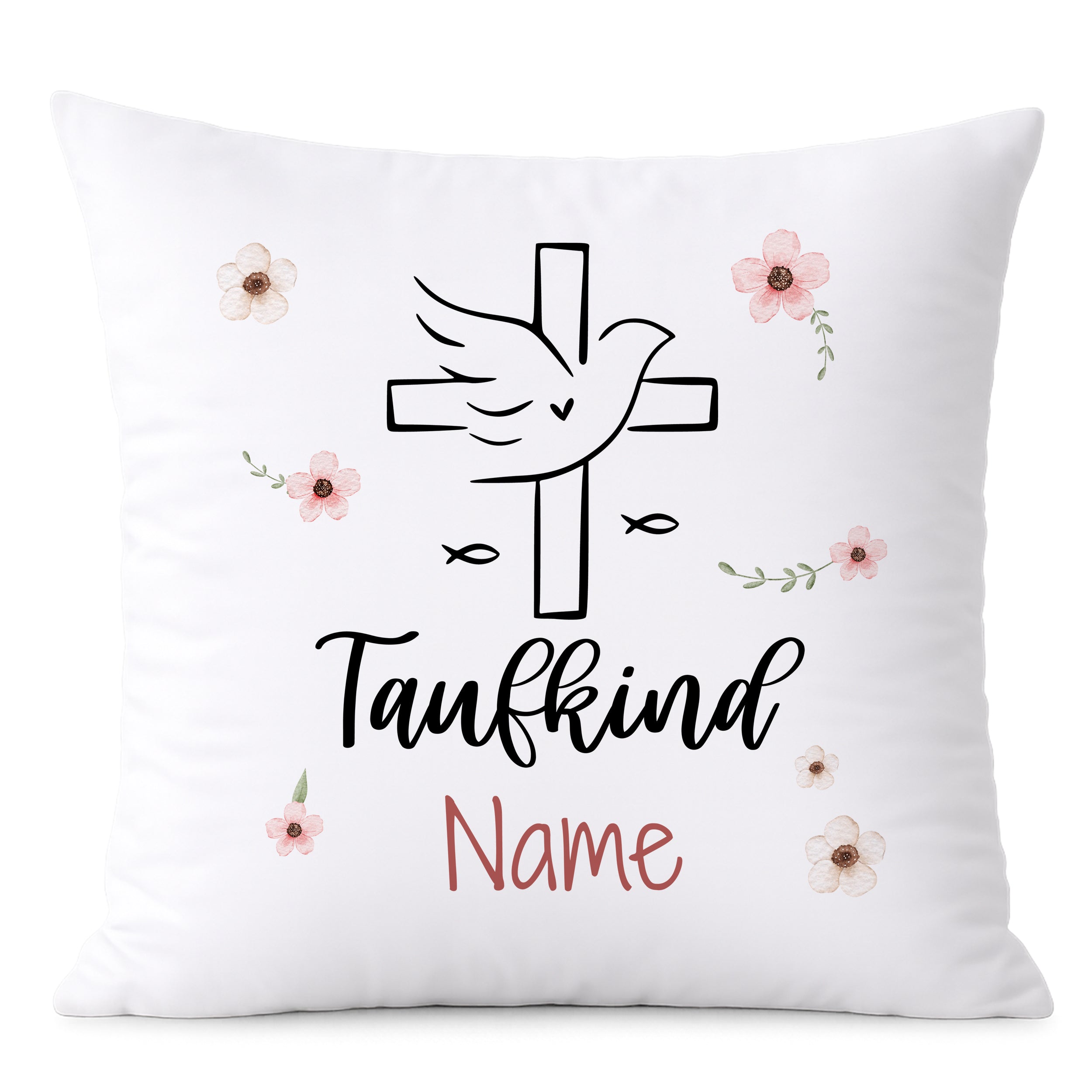 Kissen mit Taube, Kreuz und Blumen, personalisierbar.