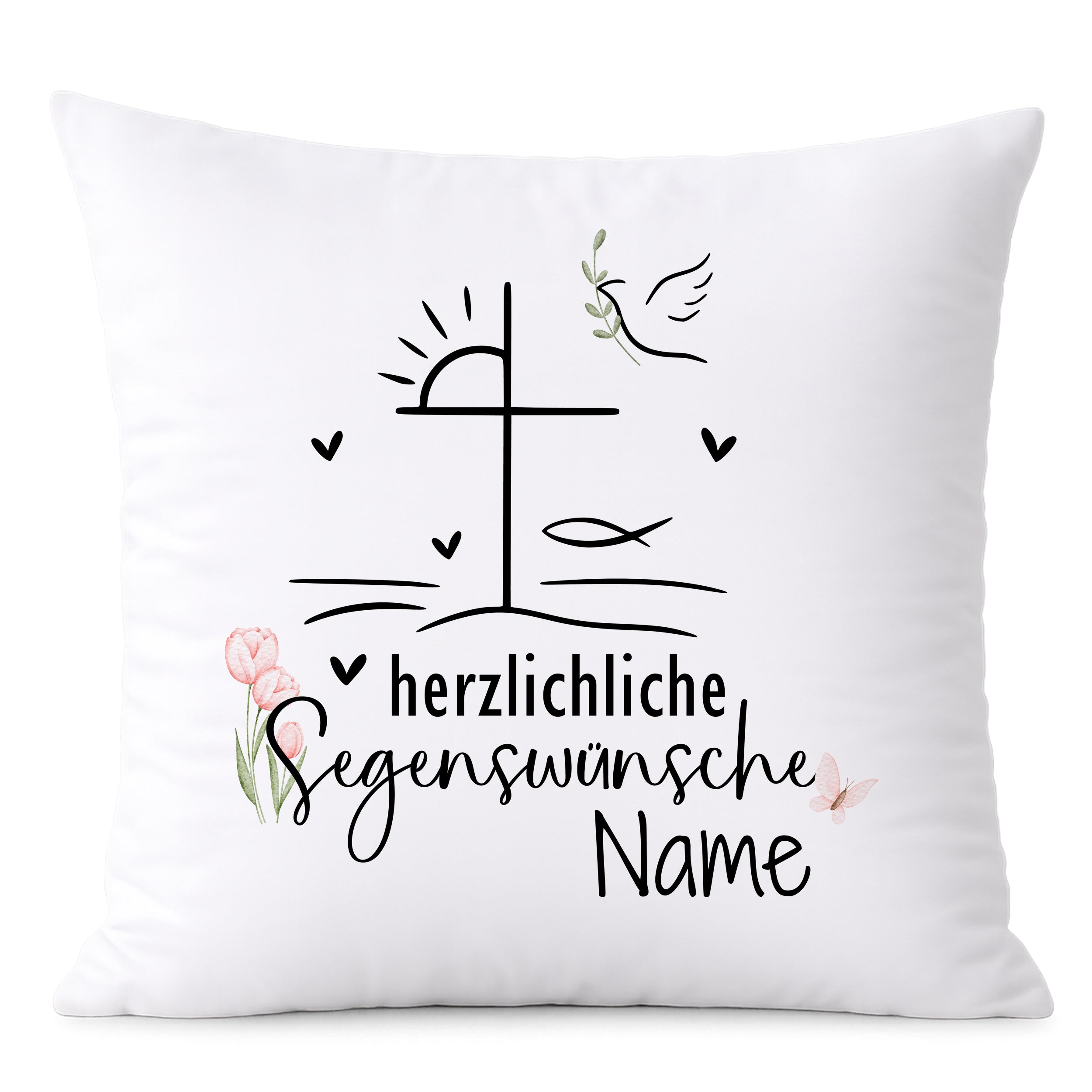 Kissen mit Kreuz, Blumen und Segenswünsche in Schwarz.