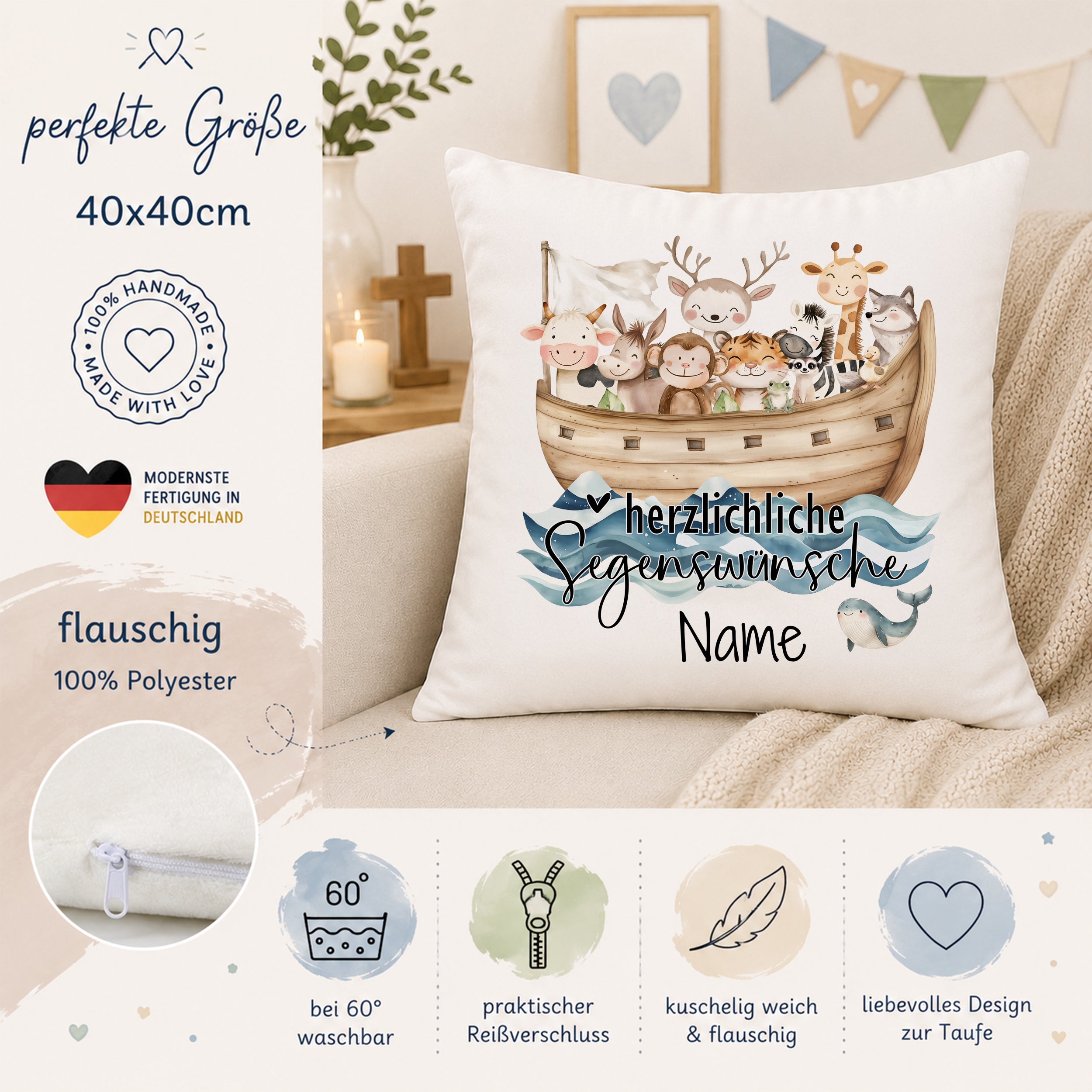 Kissen mit Tiermotiven, 40x40 cm, flauschig, personalisierbar.