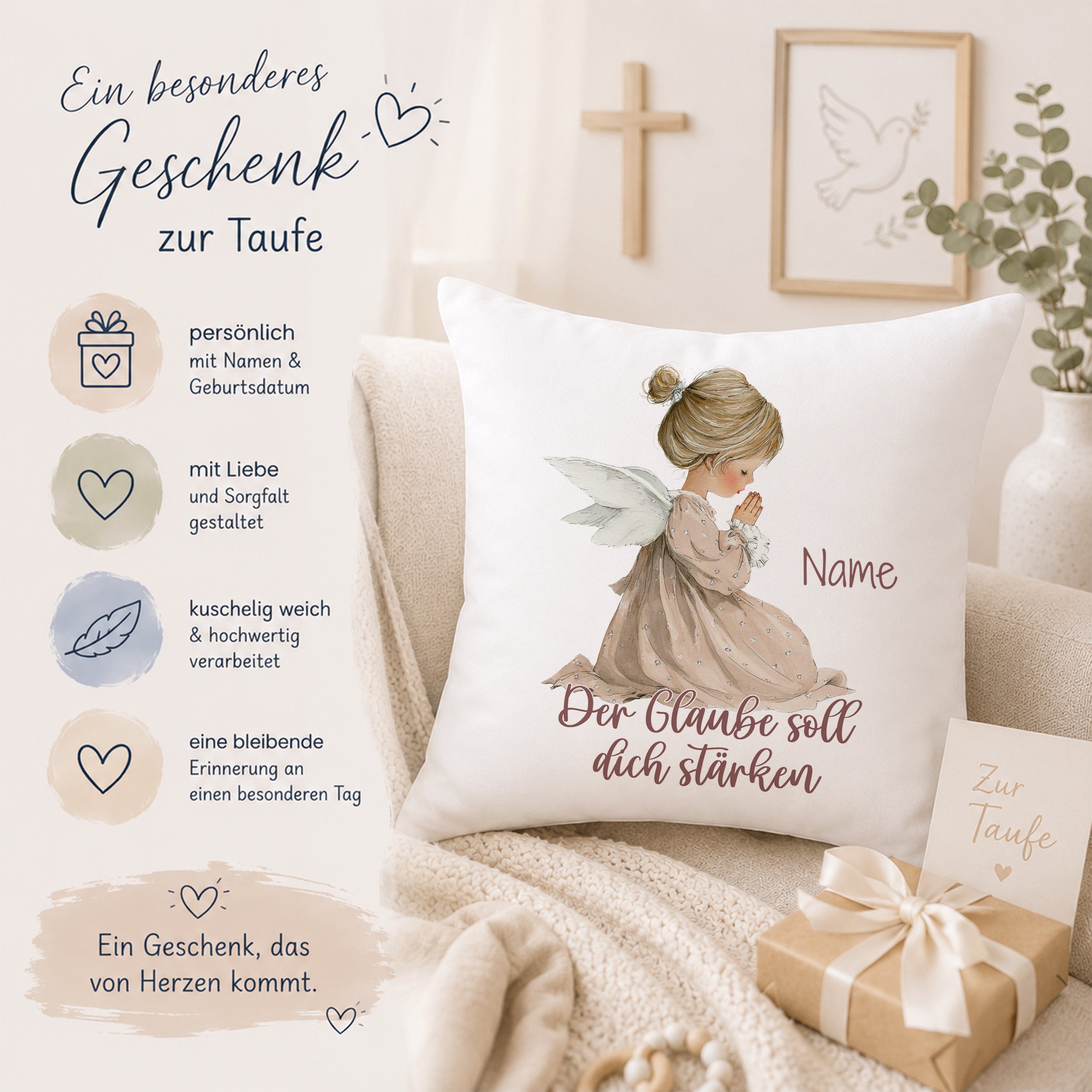 Kissen zur Taufe mit Engelmotiv und personalisierbarem Namen.
