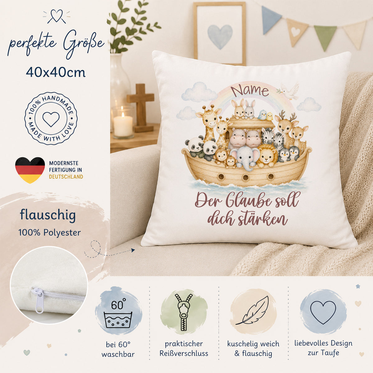 Kissen 40x40 cm, flauschig, mit Tiermotiven und Taufspruch.