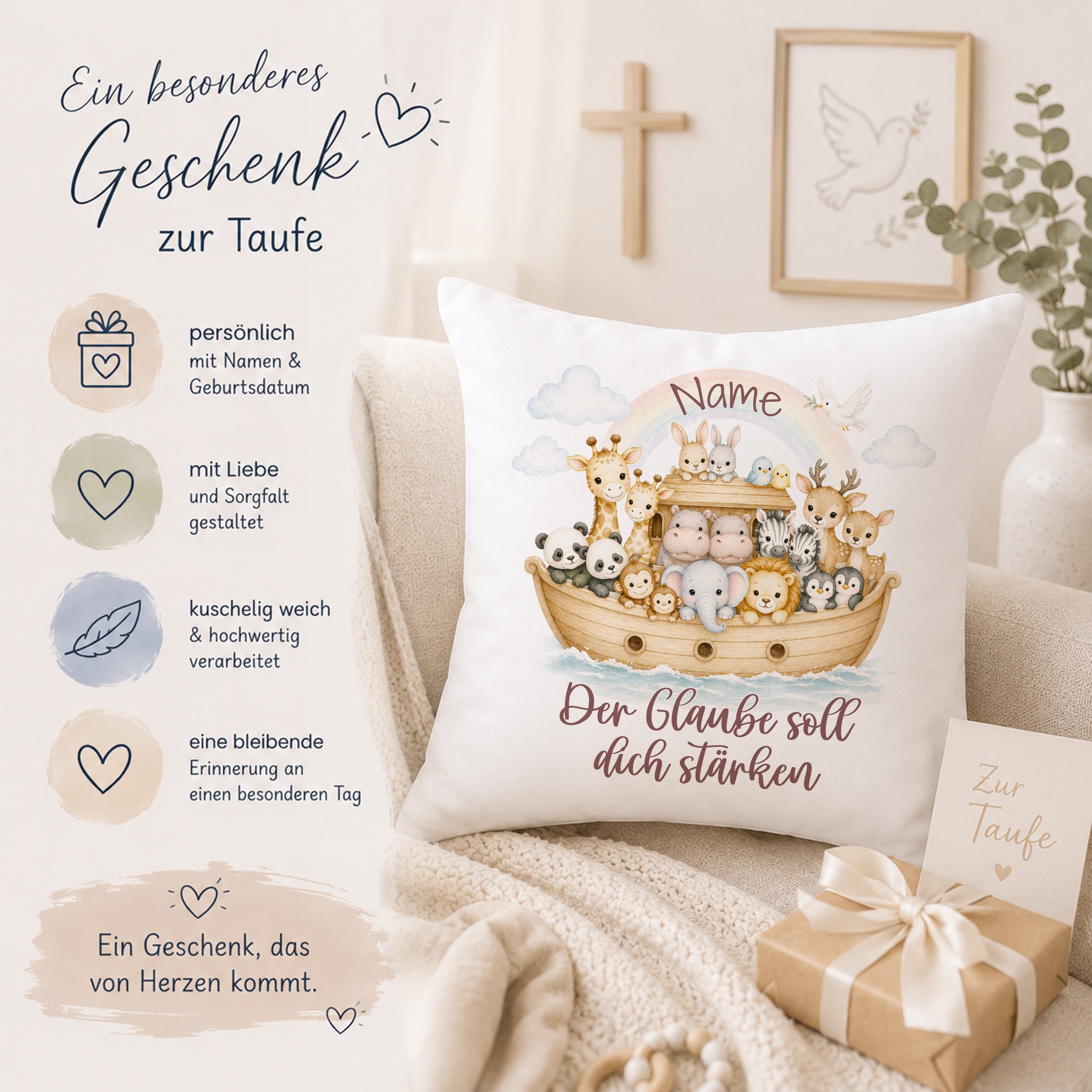 Kissen zur Taufe mit bunten Tieren und persönlichem Namen.