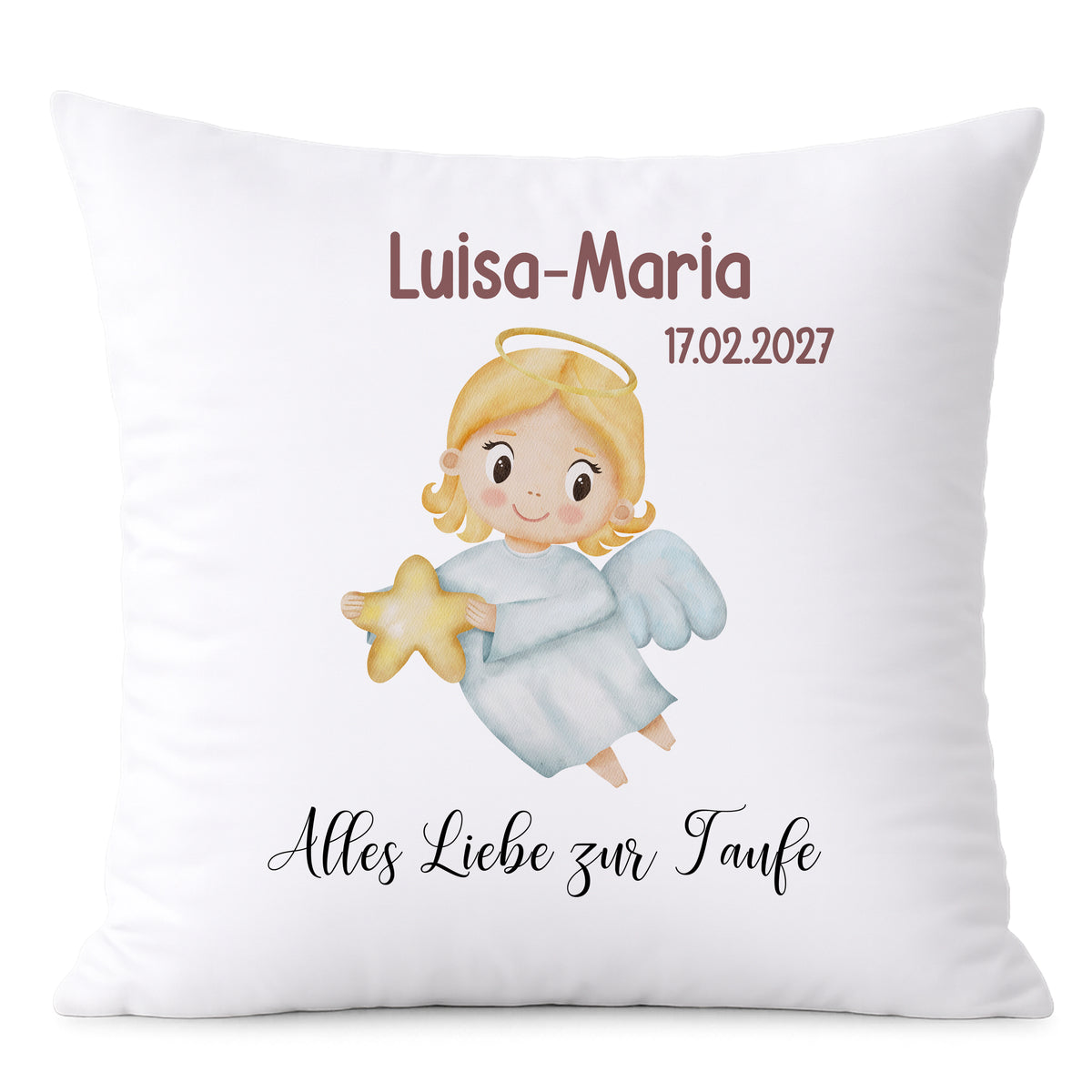 Kissen mit Engel-Motiv, personalisiert für Luisa-Maria zur Taufe.