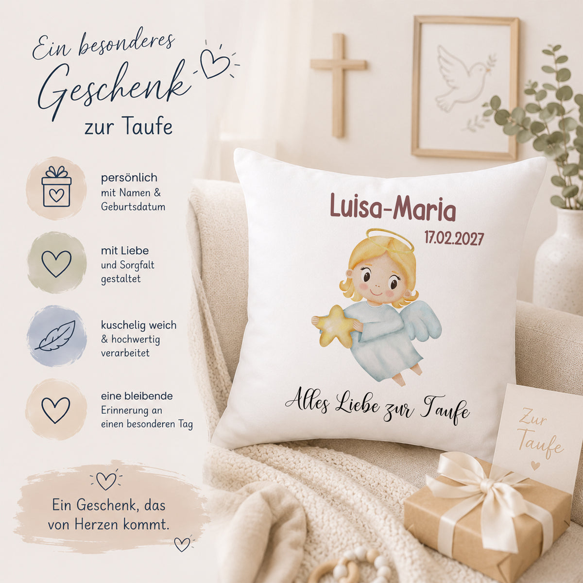 Kissen zur Taufe mit Engel, personalisiert in Pastellfarben.