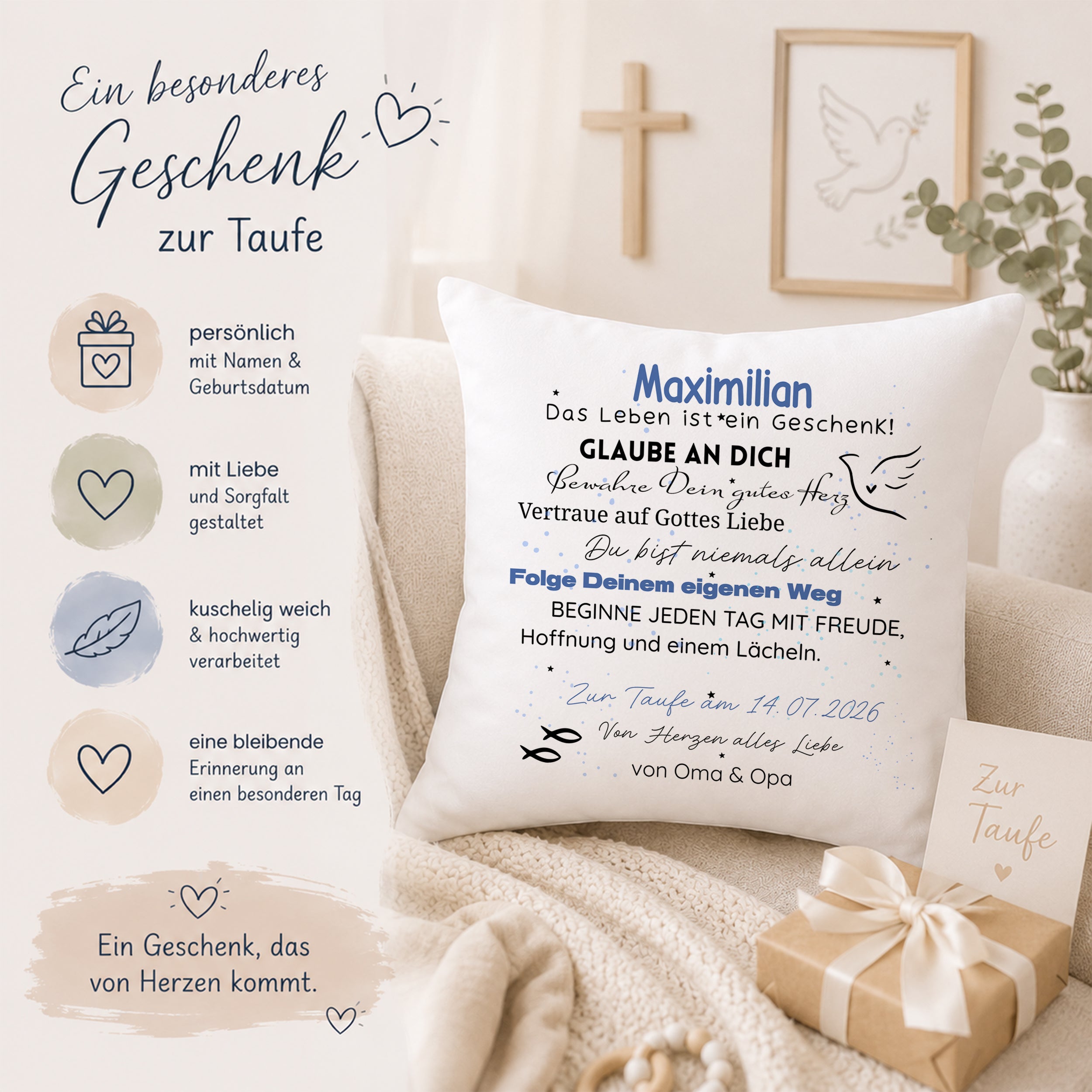 Kissen zur Taufe in Weiß mit personalisiertem Text.