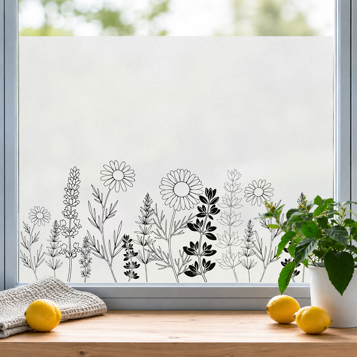 Fensterfolie mit schwarzem Blumenmuster, transparente Gestaltung.