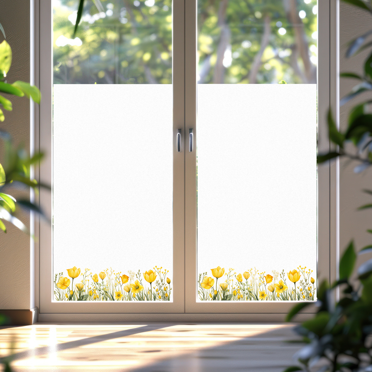 Fenster mit gelben Blumenmotiv am unteren Rand.