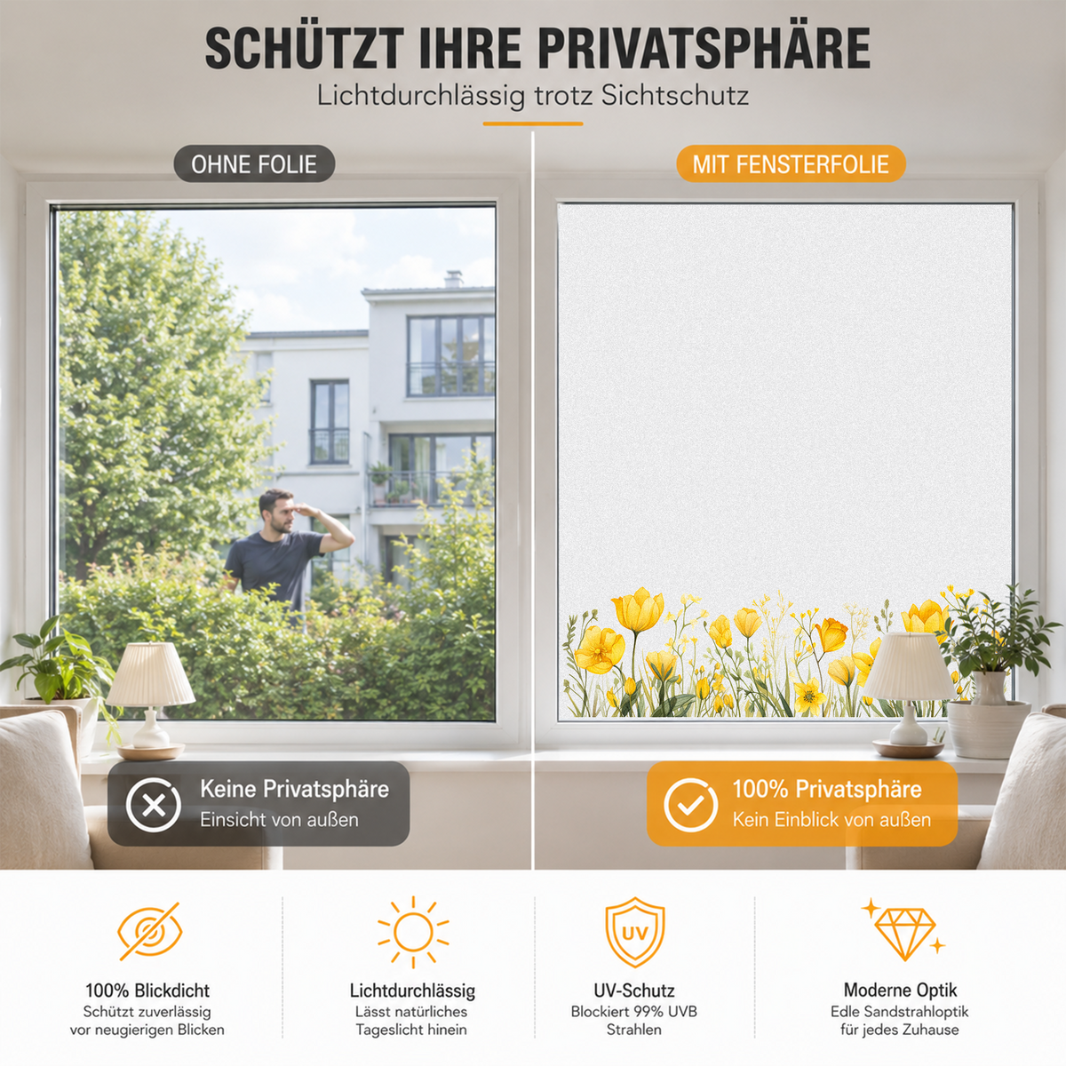 Fenster mit Sichtschutzfolie, lichtdurchlässig, gelbe Blumen.