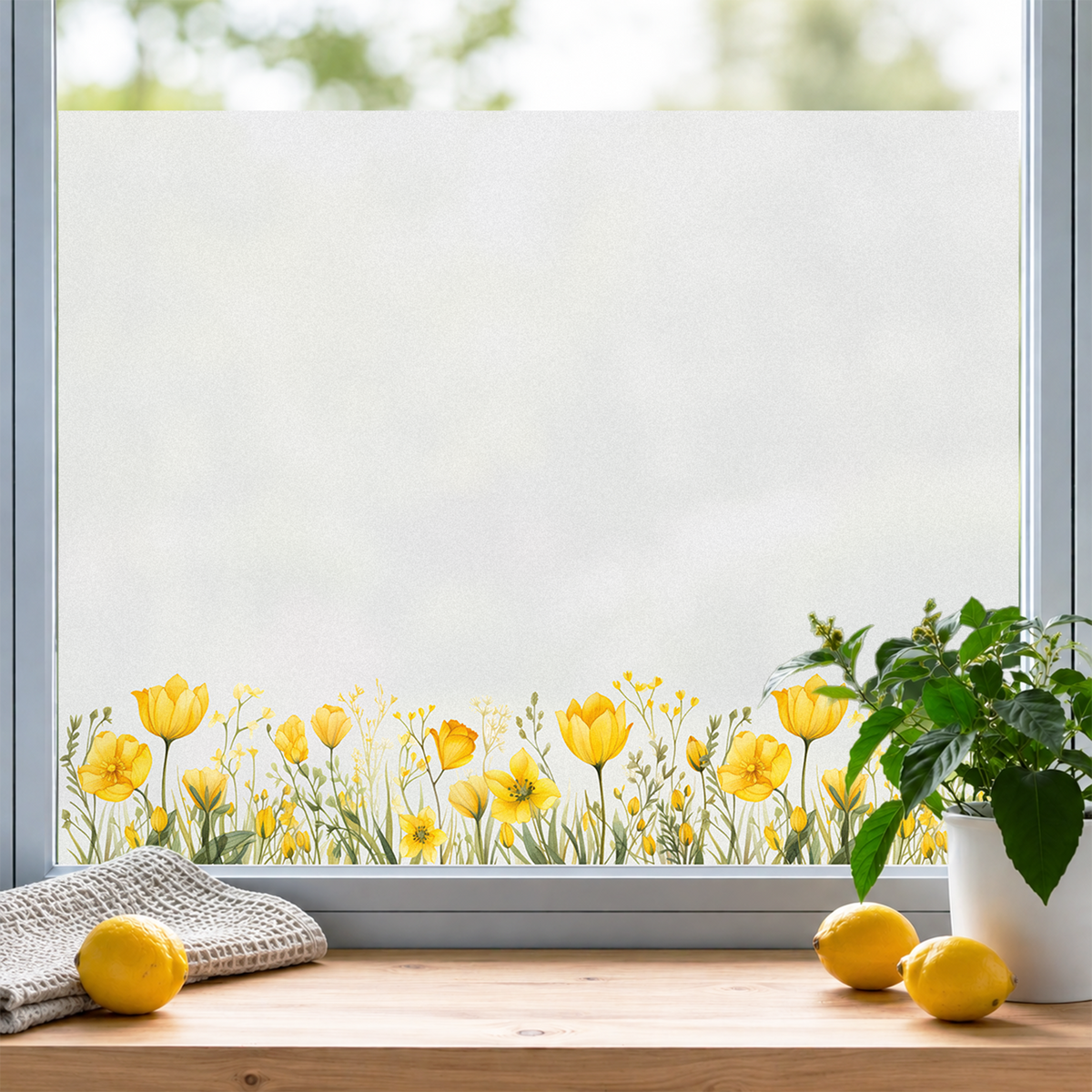 Gelbes Blumenfensterbild mit frischen Zitronen und Pflanzen.