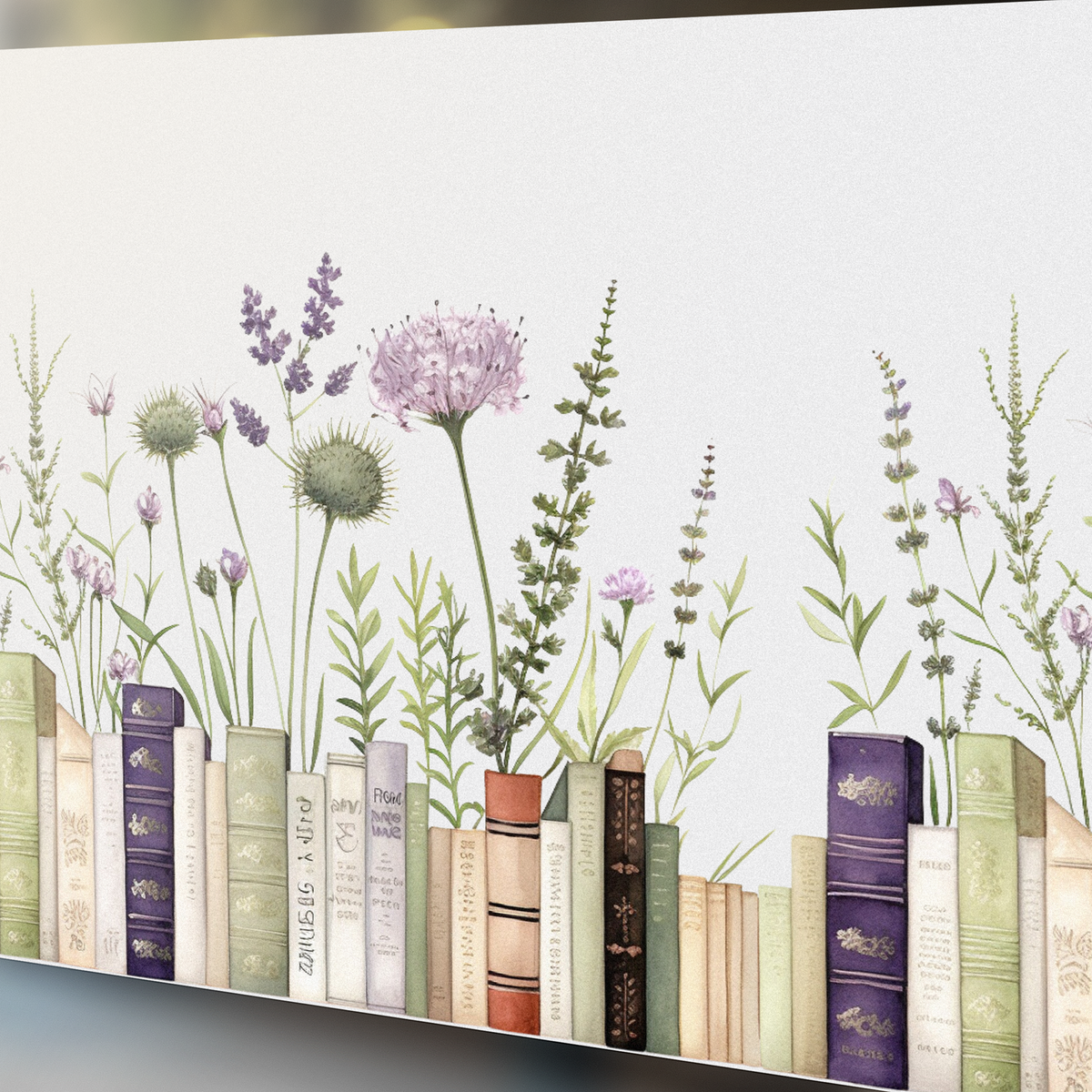 Bunte Bücherreihe mit lila und grünen Pflanzen.