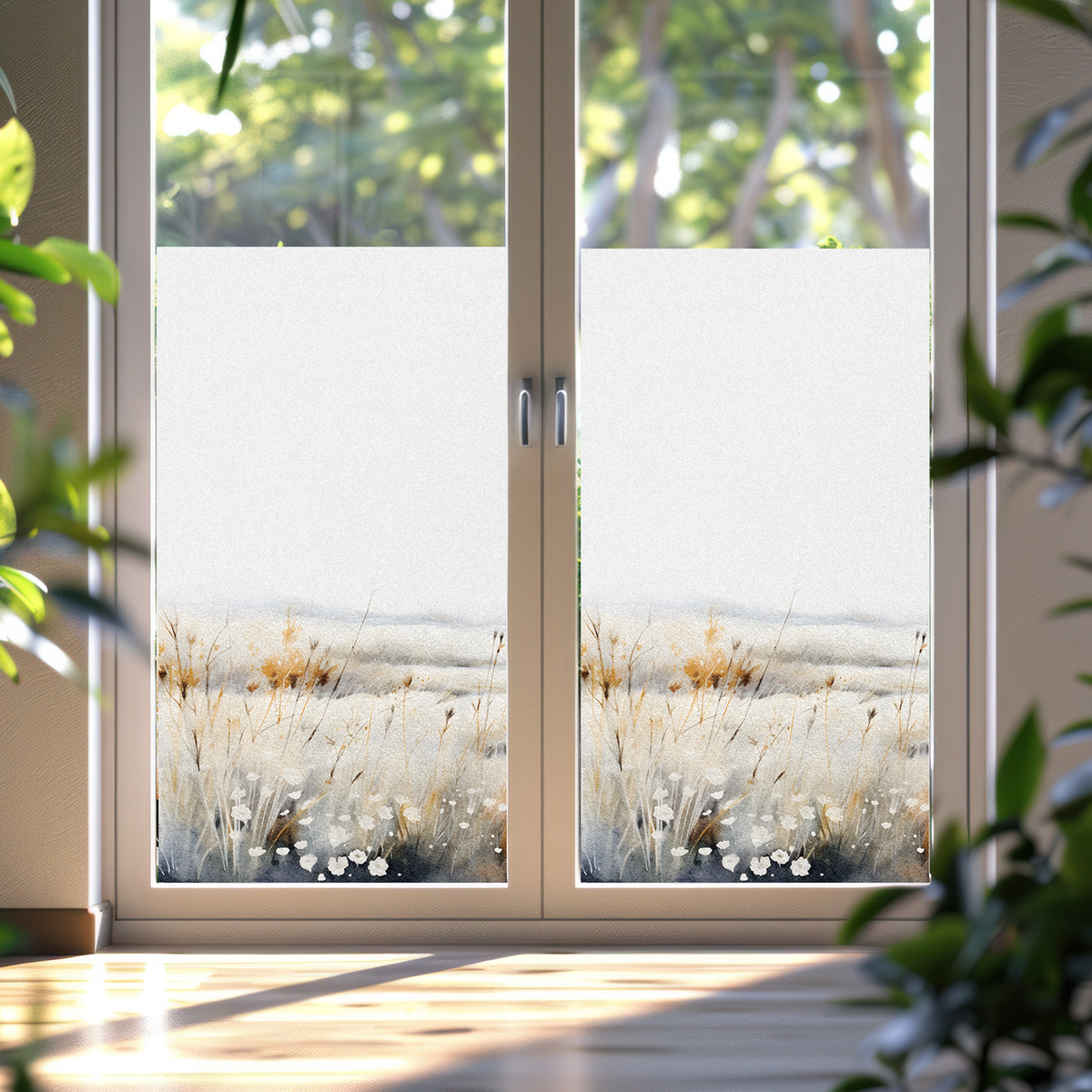 Fensterfolie mit blühenden Wiesenmotiven in sanften Farben.