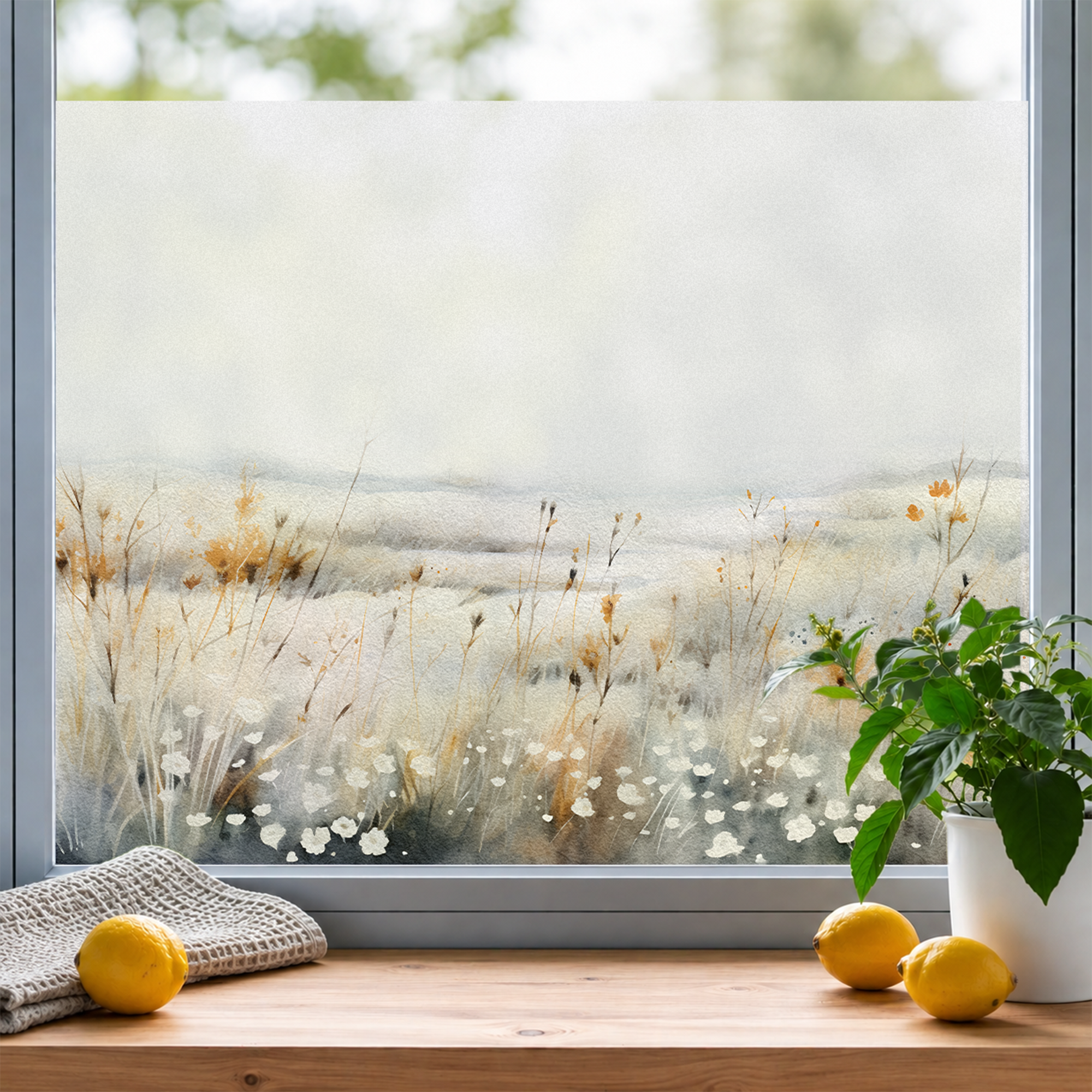 Frosted Fensterfolie mit blühenden Wiesenmotiven in Pastellfarben.