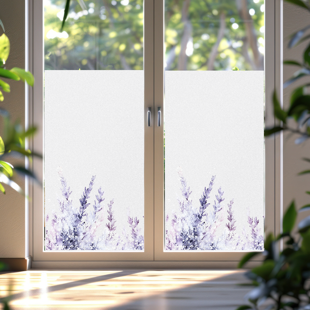 Fensterfolie mit lila Lavendel-Muster und lichtdurchlässigem Design.