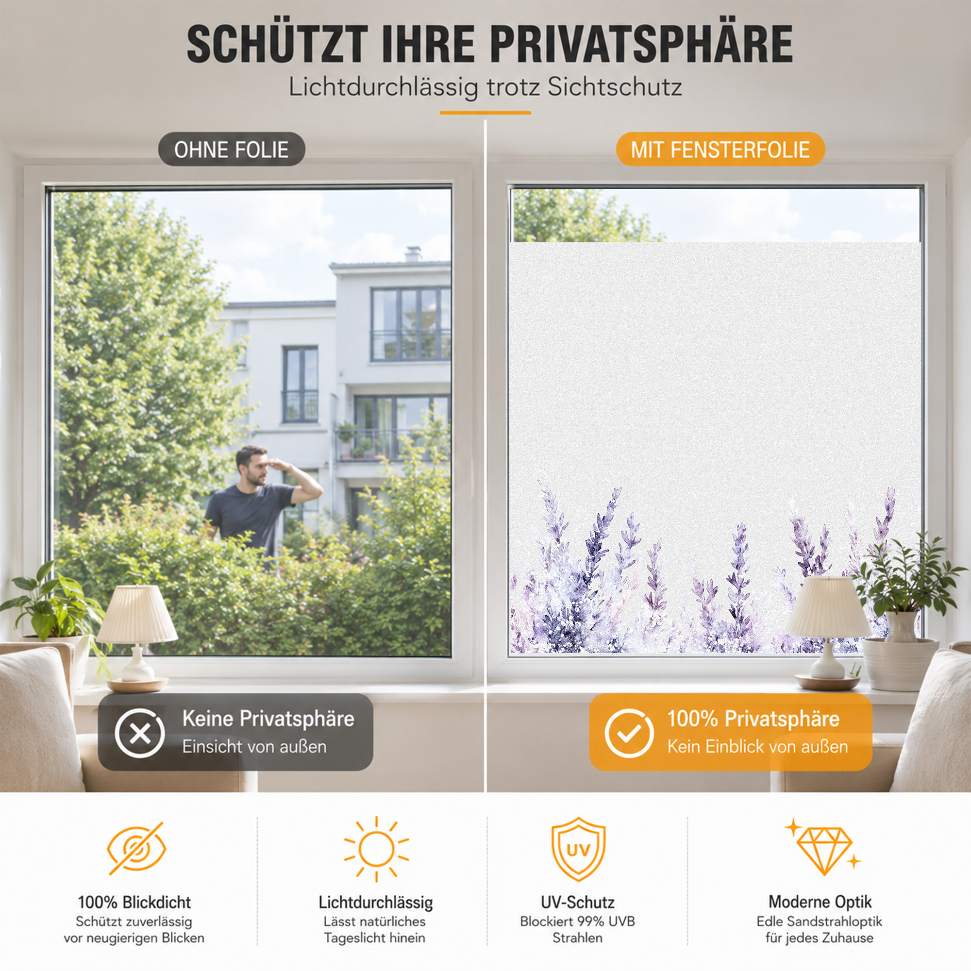 Fensterfolie für Sichtschutz, lichtdurchlässig, moderne Optik.