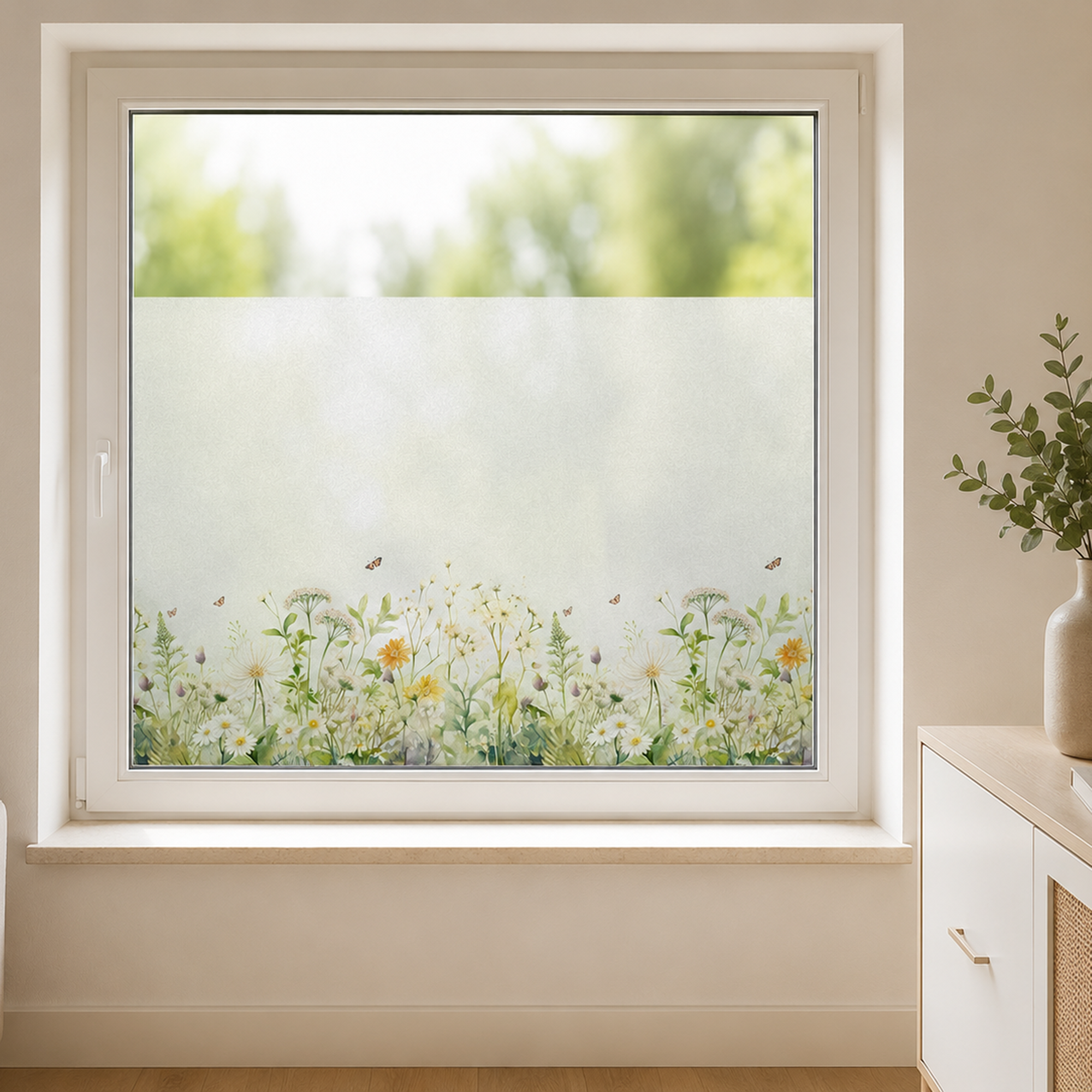 Blumenfensterfolie mit bunten Blumen und Schmetterlingen.