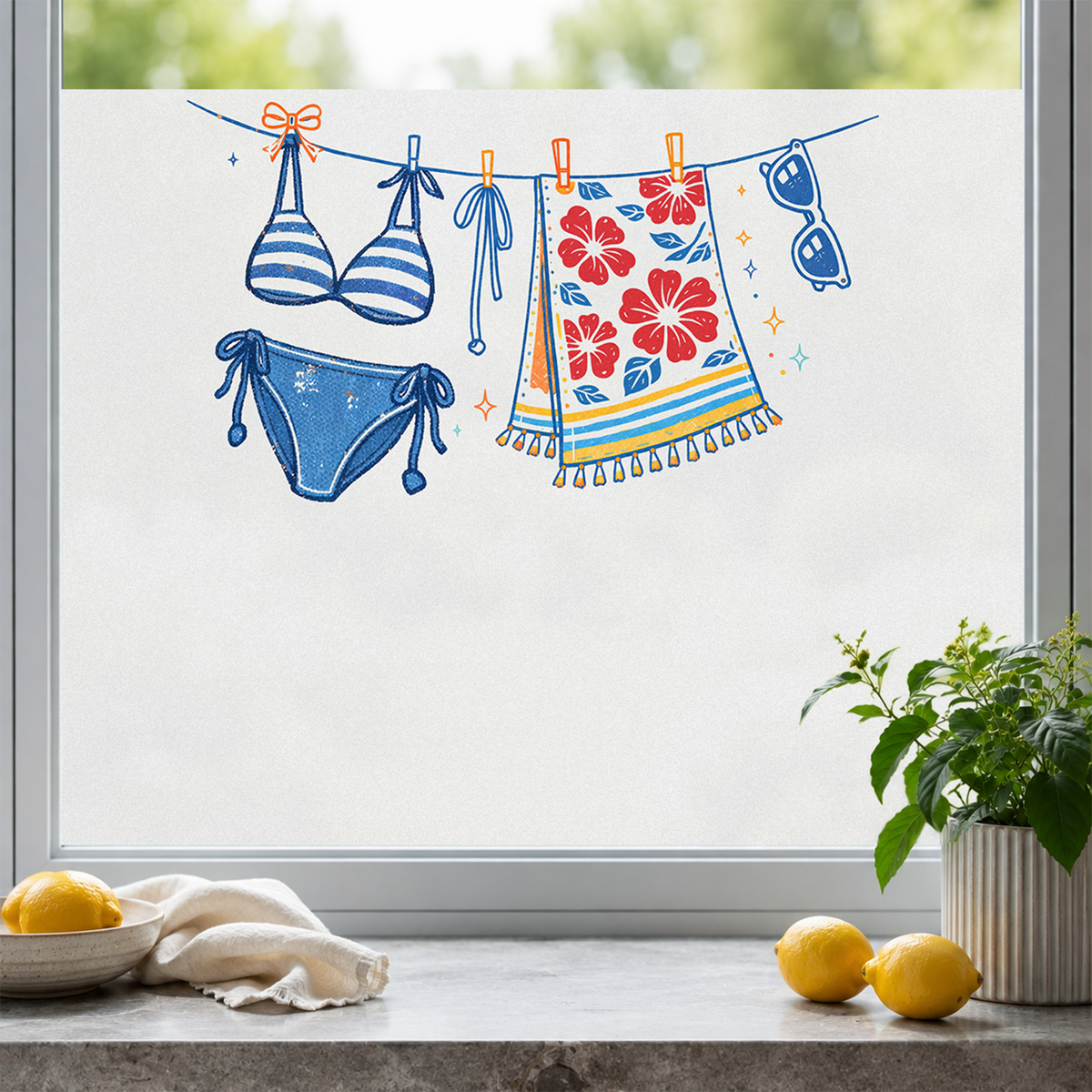 Bikini, Strandtuch und Sonnenbrille in bunten Farben.
