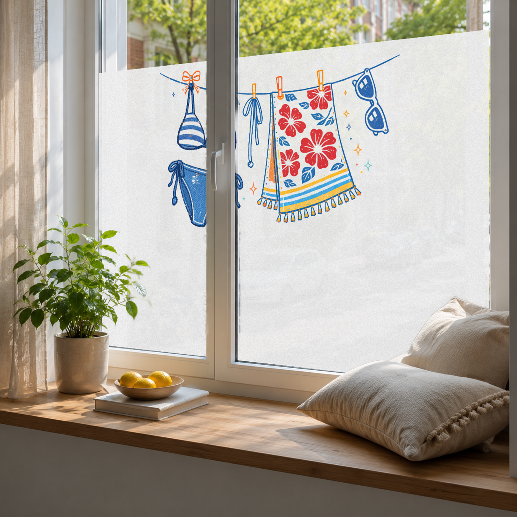 Badebekleidung und Handtuch mit Blumenmotiven, helles Fenster.