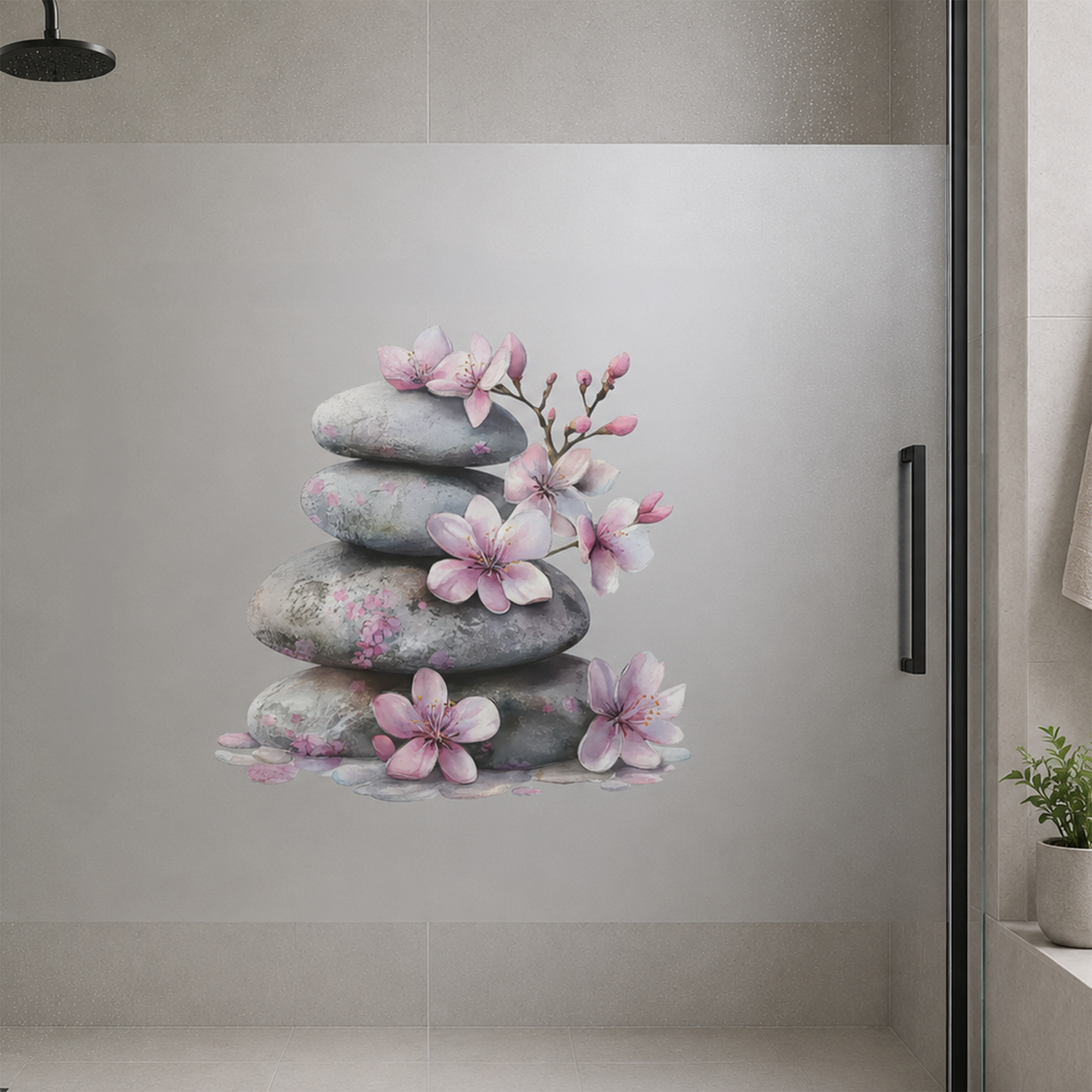 Steine mit rosa Blüten in einem modernen Badezimmer.