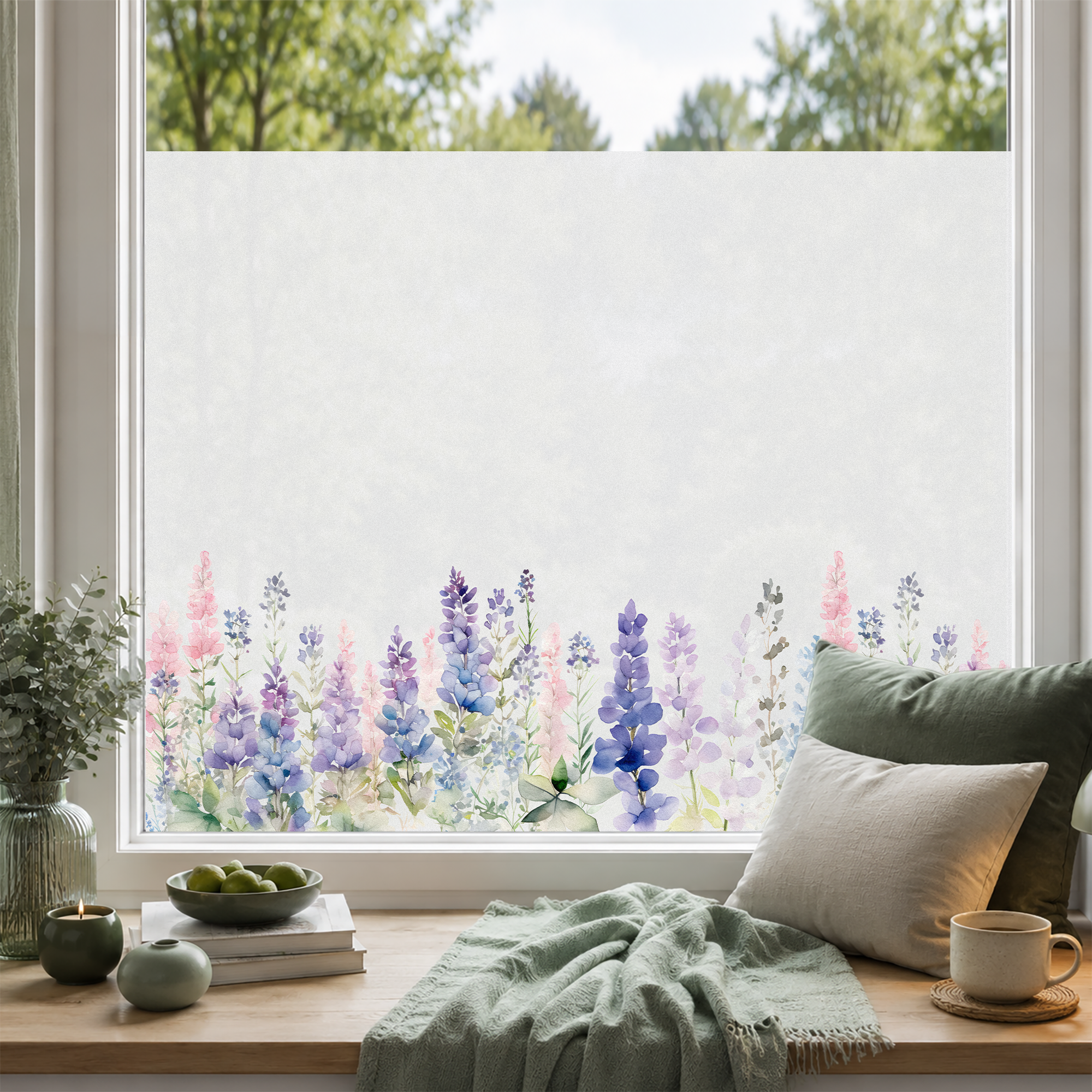 Bunte Blumenmuster in Pastellfarben am Fenster.