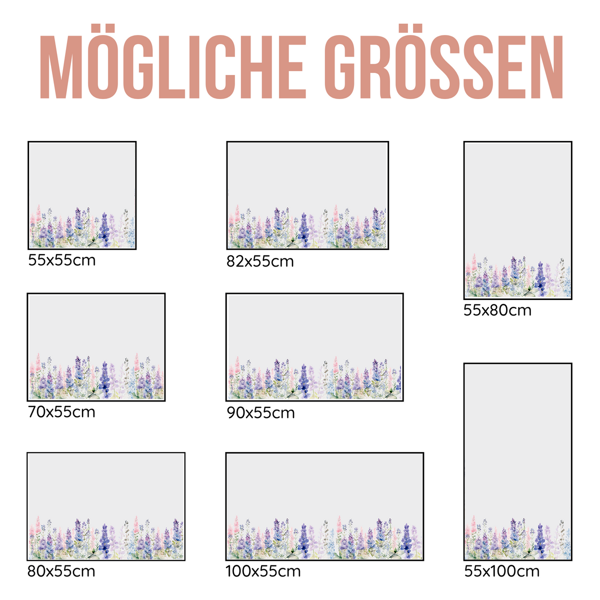 Mögliche Größen für Bilder mit bunten Blumenmotiven.