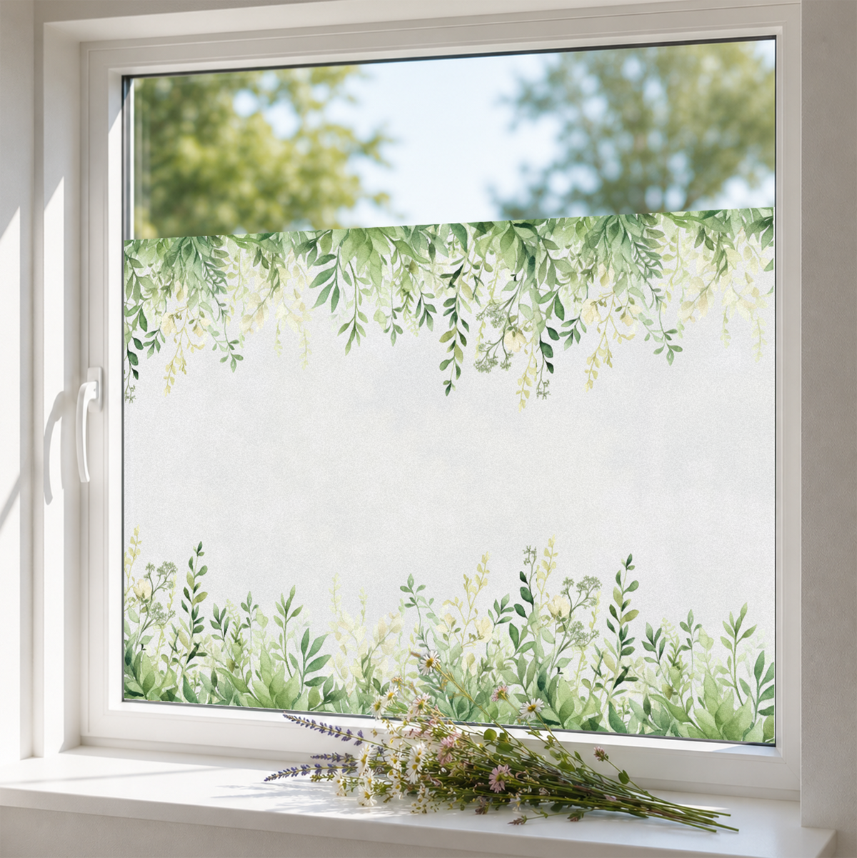 Grünes Fensterbild mit Pflanzenmotiv und floralen Details.