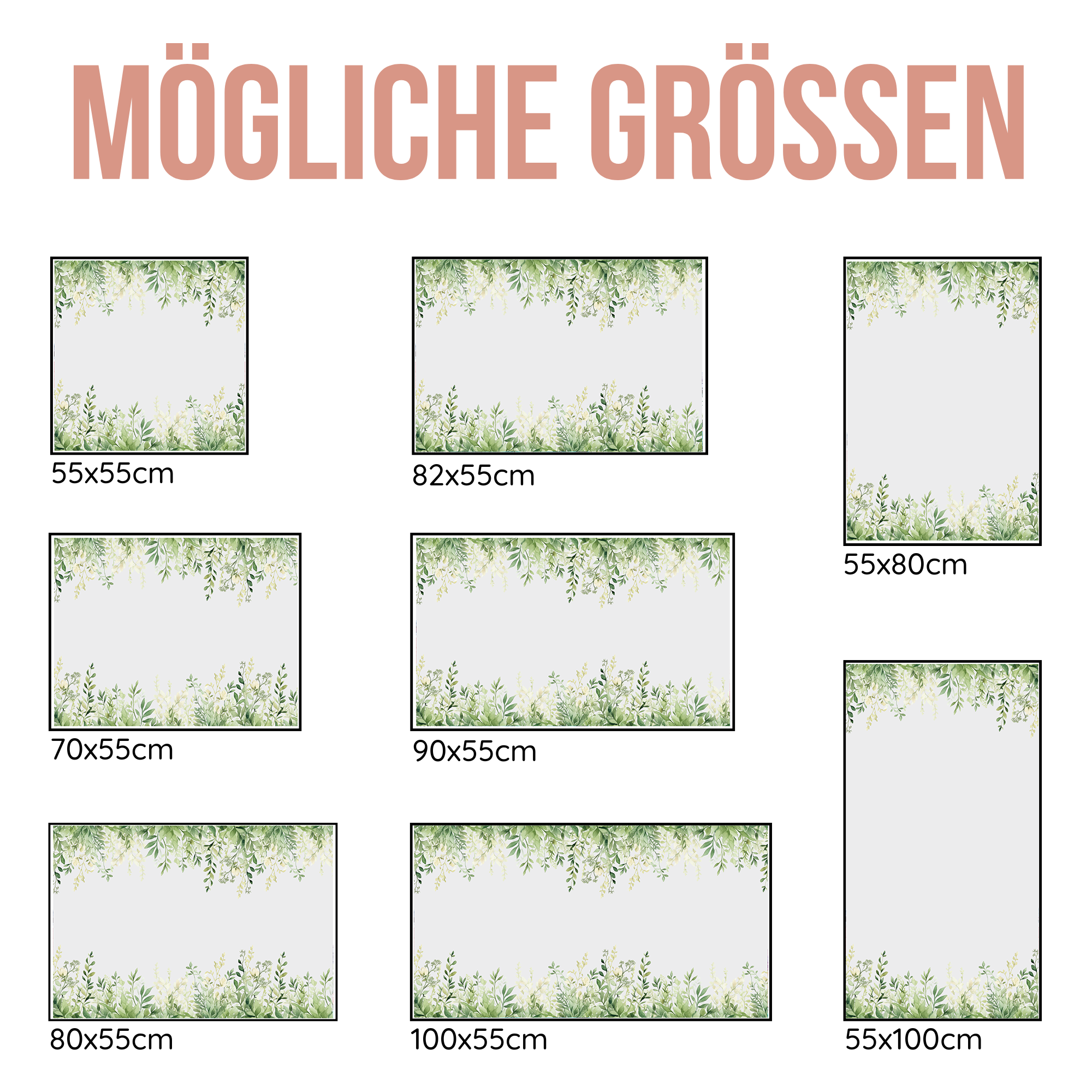 Grüne Pflanzenmuster auf weißen Hintergründen, verschiedene Größen.