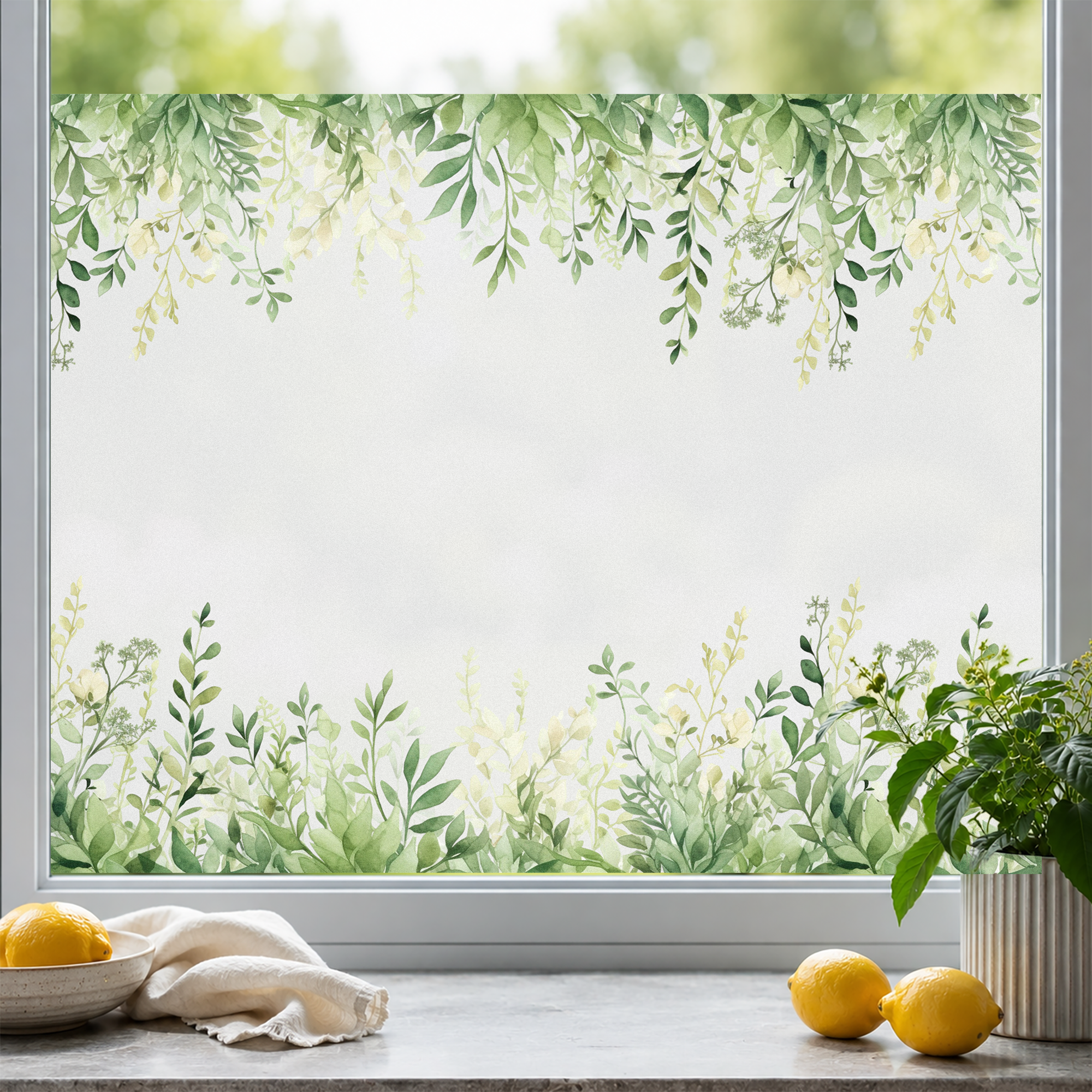 Grünes Pflanzenmotiv auf transparentem Fensterfolie.