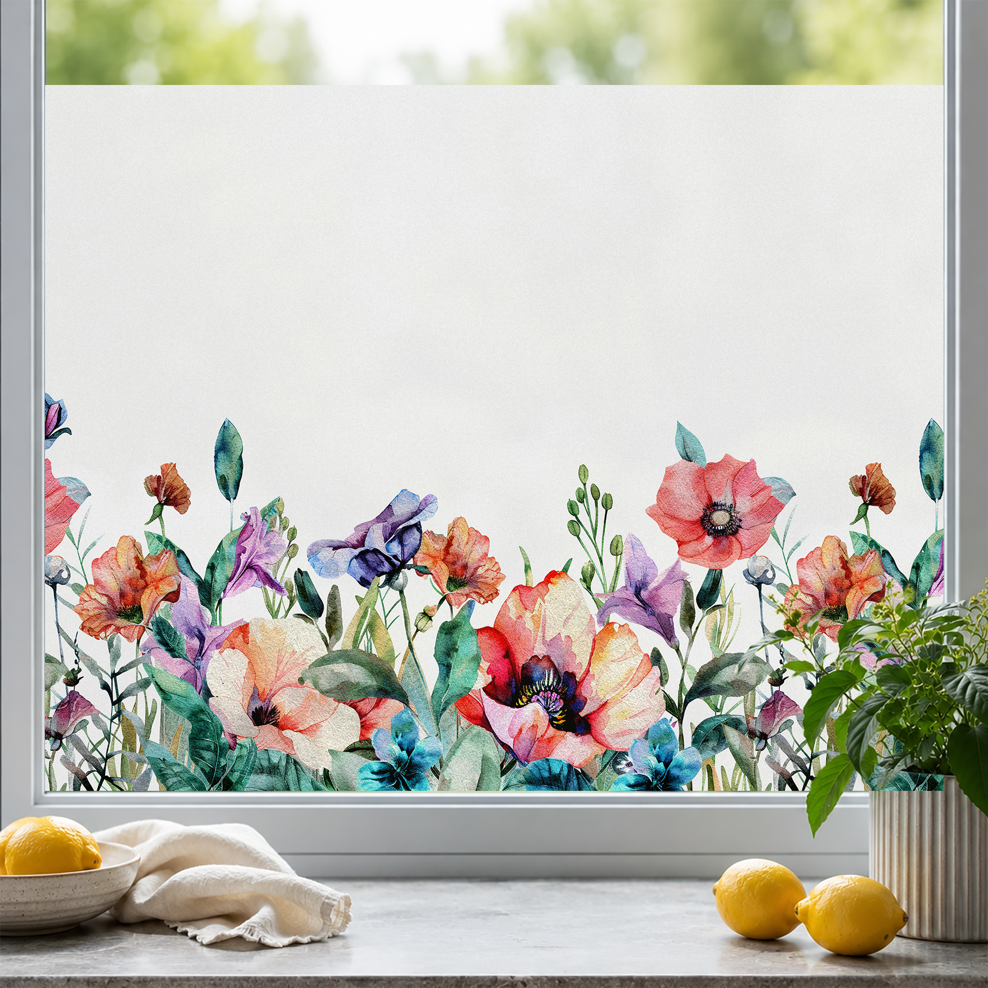 Bunte Blumenfolie mit roten, lila und grünen Akzenten.