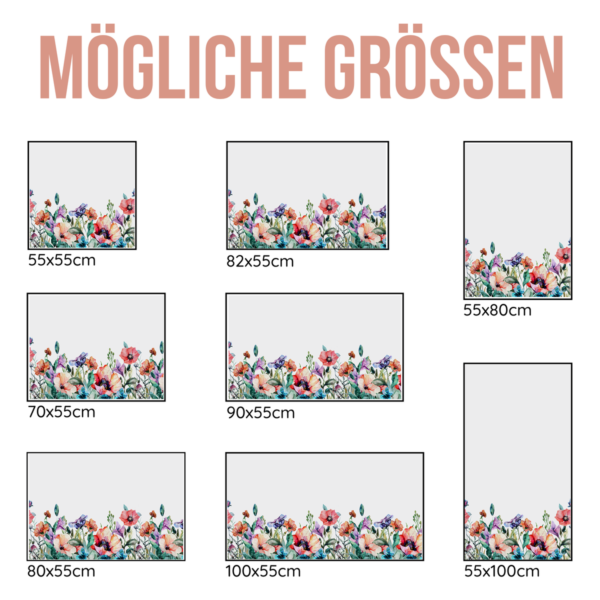 Blumenmuster in verschiedenen Größen, farbenfroh und dekorativ.