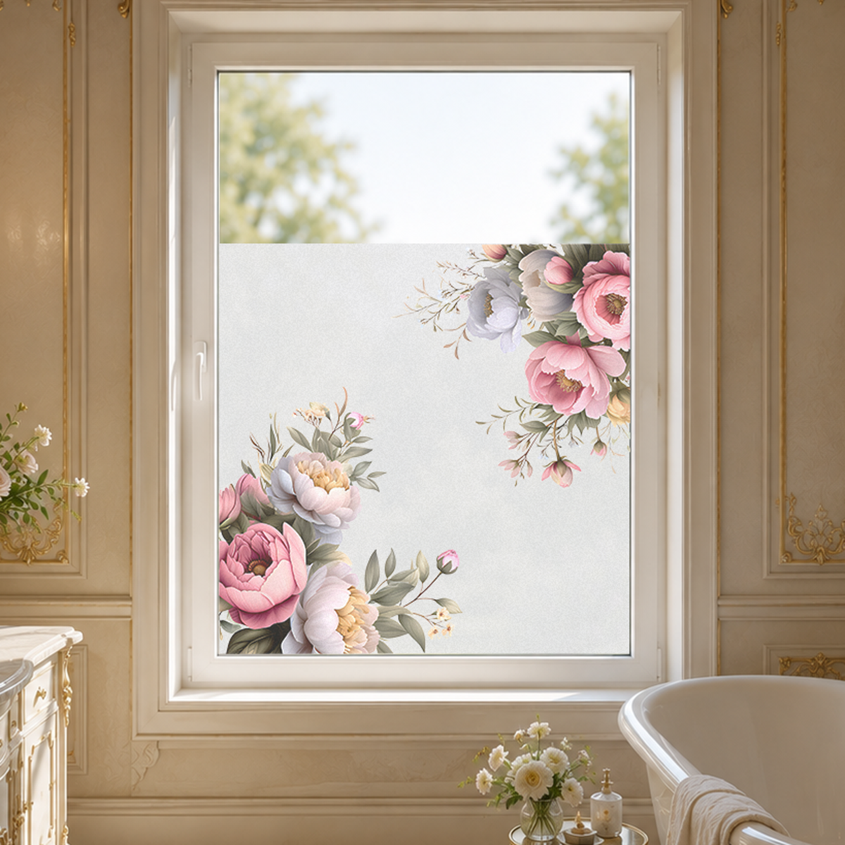 Fensterfolie mit rosa und blauen Blumenmotiven.
