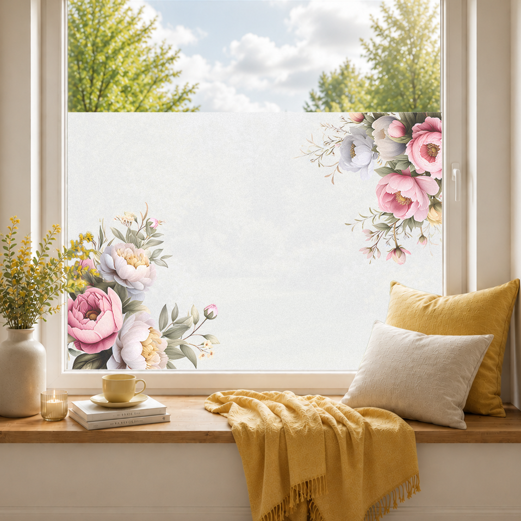 Blumenfensterfolie mit rosa und lila Blumenmotiven.